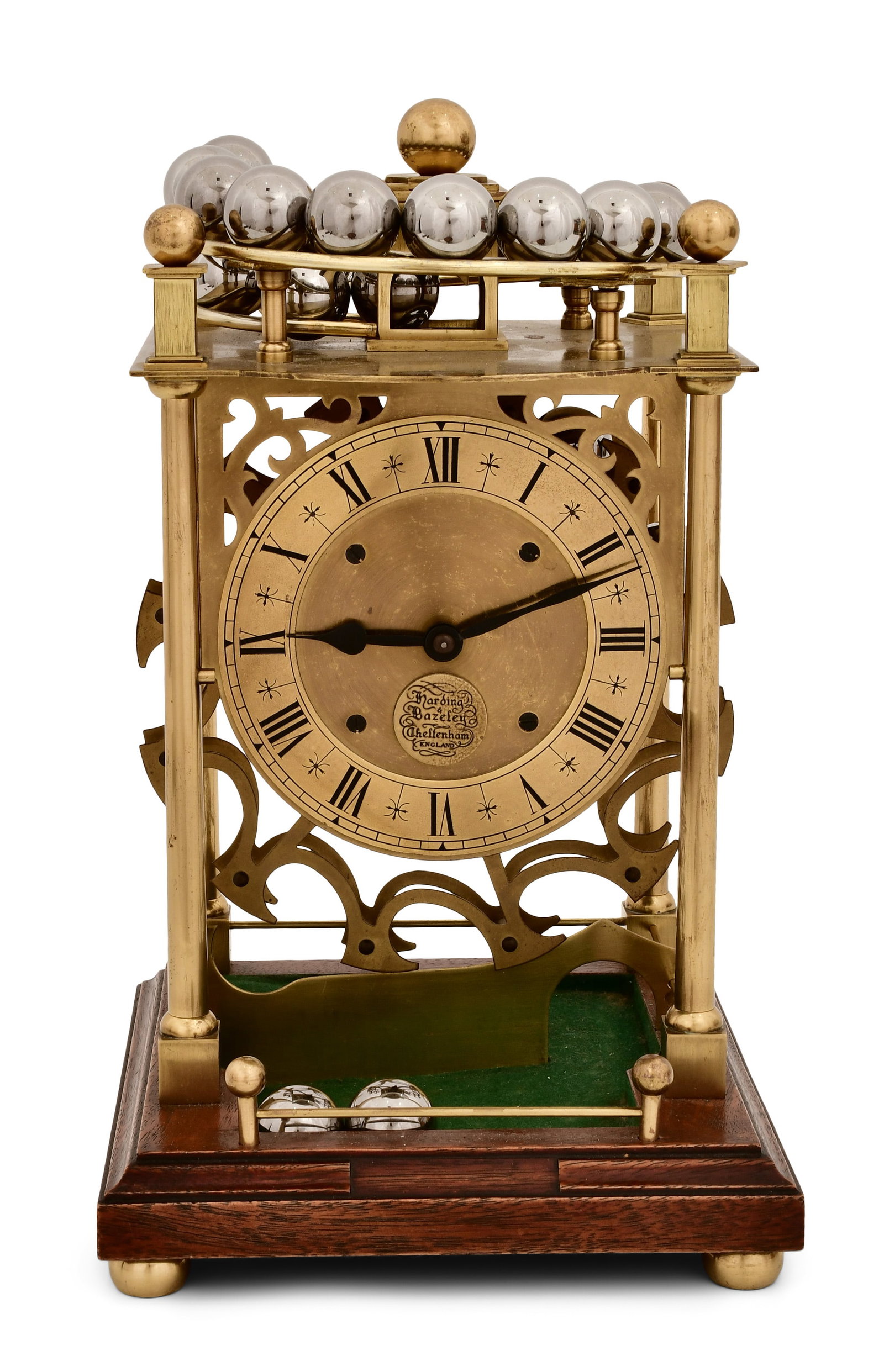 Harding & Bazeley Mystery Congreve Rolling Ball Clock, England: Harding & Bazeley Mystery Congreve Rolling Ball Clock, England20th centurymahogany base with 4 column frame having a surmounted track to hold the balls, 8-day brass time only movement powered by weigh
