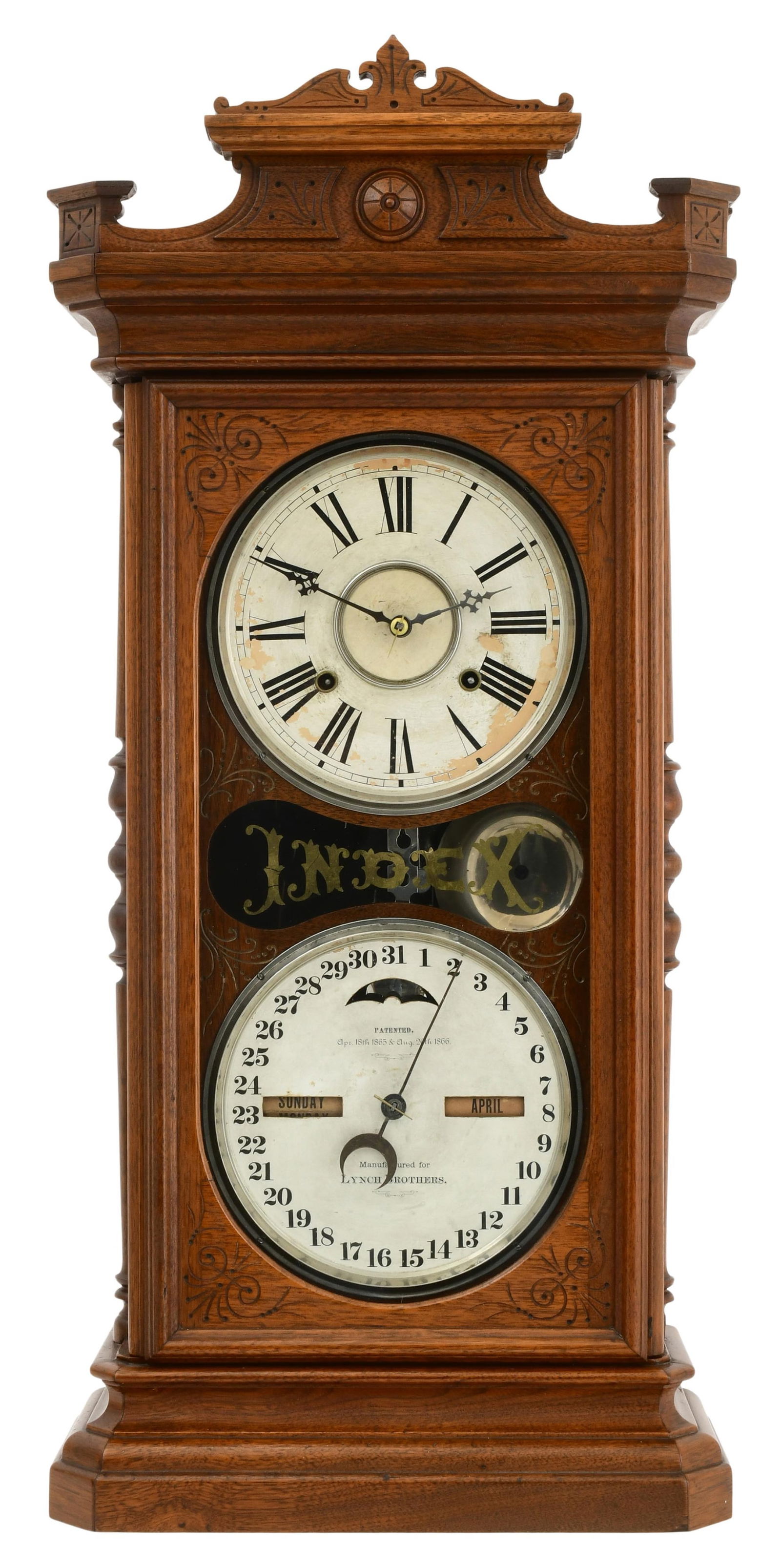 Ithaca Calendar Clock Co. "Index" Shelf Clock for the Lynch Brothers: Ithaca Calendar Clock Co. "Index" Shelf Clock for the Lynch Brotherslate 19th centurywalnut case, 8-day time and strike movement with half deadbeat escapement, lower dial marked "Manufactured for Lync
