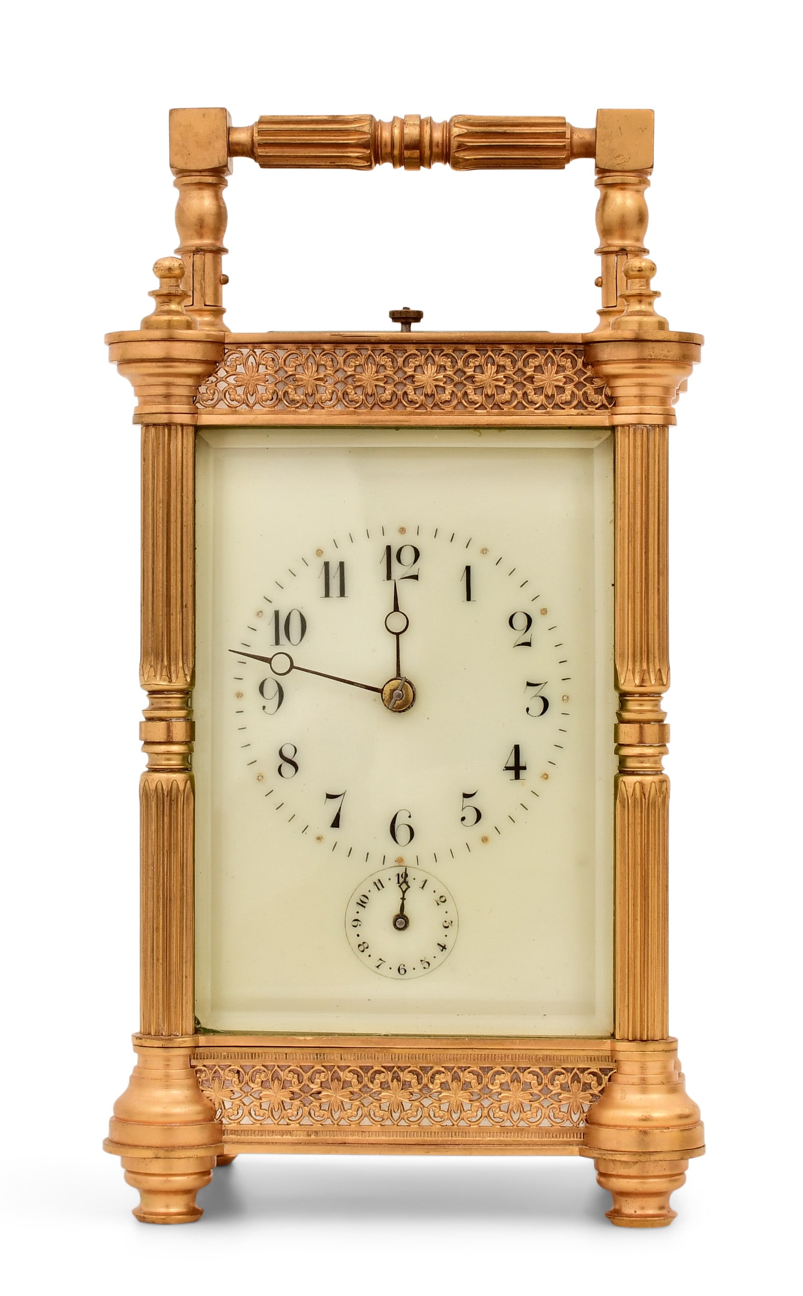 French Gilt Brass Hour Repeating Carriage Clock: French Gilt Brass Hour Repeating Carriage Clocklate 19th centurygilt brass 3/4 column case with beveled glass top and sides, hour repeating 8-day brass spring driven movement with alarm and platform e