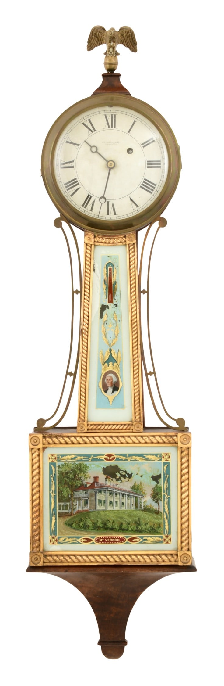 Chelsea Clock Co., J.E. Caldwell & Co., "Willard Banjo" Wall Clock: Chelsea Clock Co., J.E. Caldwell & Co., "Willard Banjo" Wall Clockcirca 1915mahogany case with gilt rope twist carved frame work around the throat and lower door and a reverse painted glass of Mt. Ver