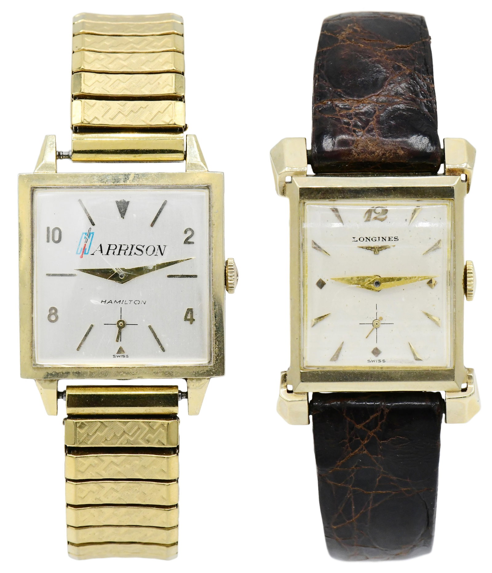 A Longines 14K Gold Wristwatch (23mm) and a Hamilton 14K Gold Wristwatch (28mm), Ref. 913471: A Longines 14K Gold Wristwatch (23mm) and a Hamilton 14K Gold Wristwatch (28mm), Ref. 913471Other Notes: Fontaine's Auction Gallery can arrange shipping for this item (USA only).