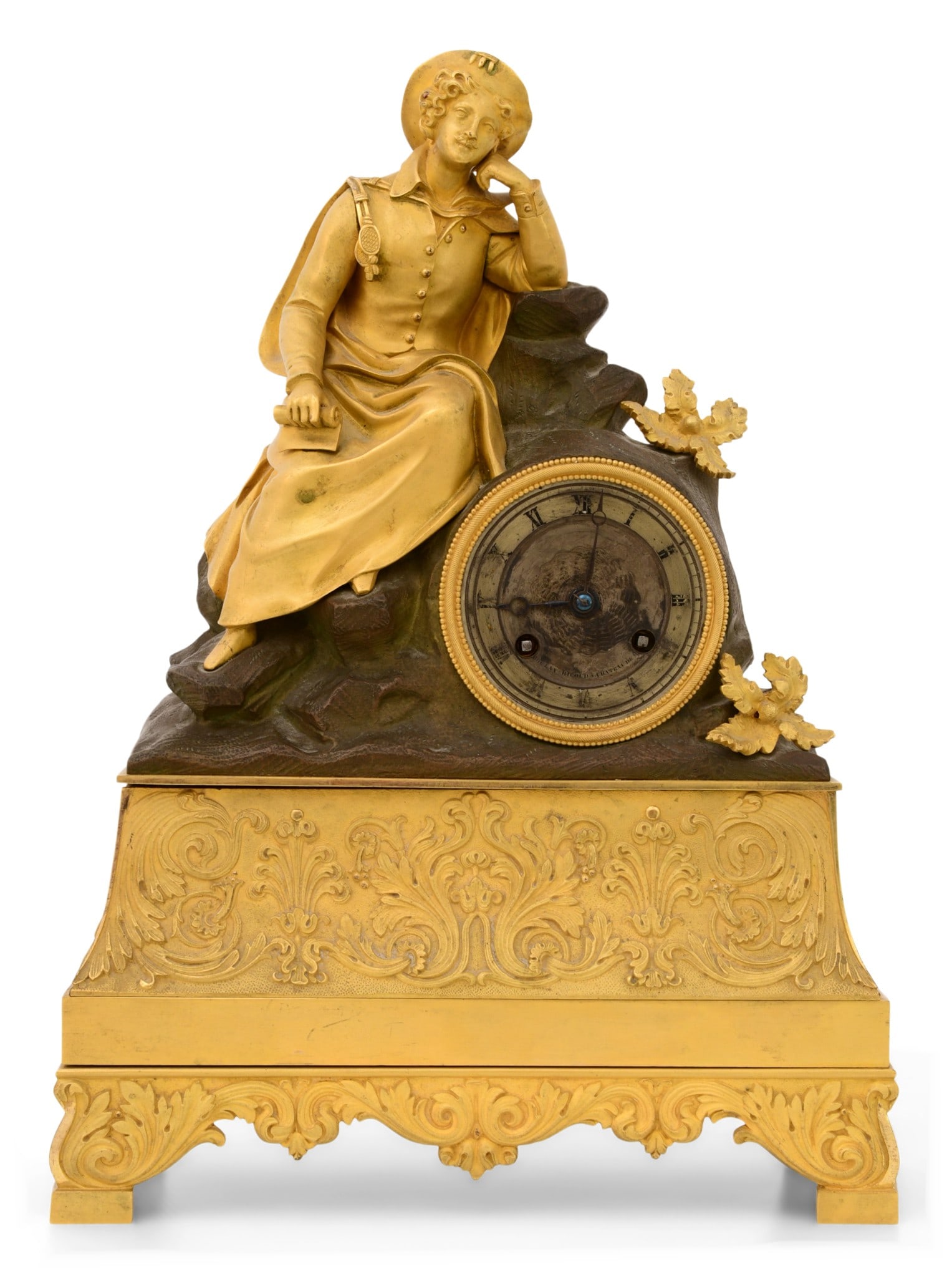 French Charles X Gilt & Patinated Bronze Mantel Clock: French Charles X Gilt & Patinated Bronze Mantel Clockmid-19th centurythe clock surmounted by a classical figure leaning on a rock, wearing a long overcoat and holding a scroll in his right hand, round
