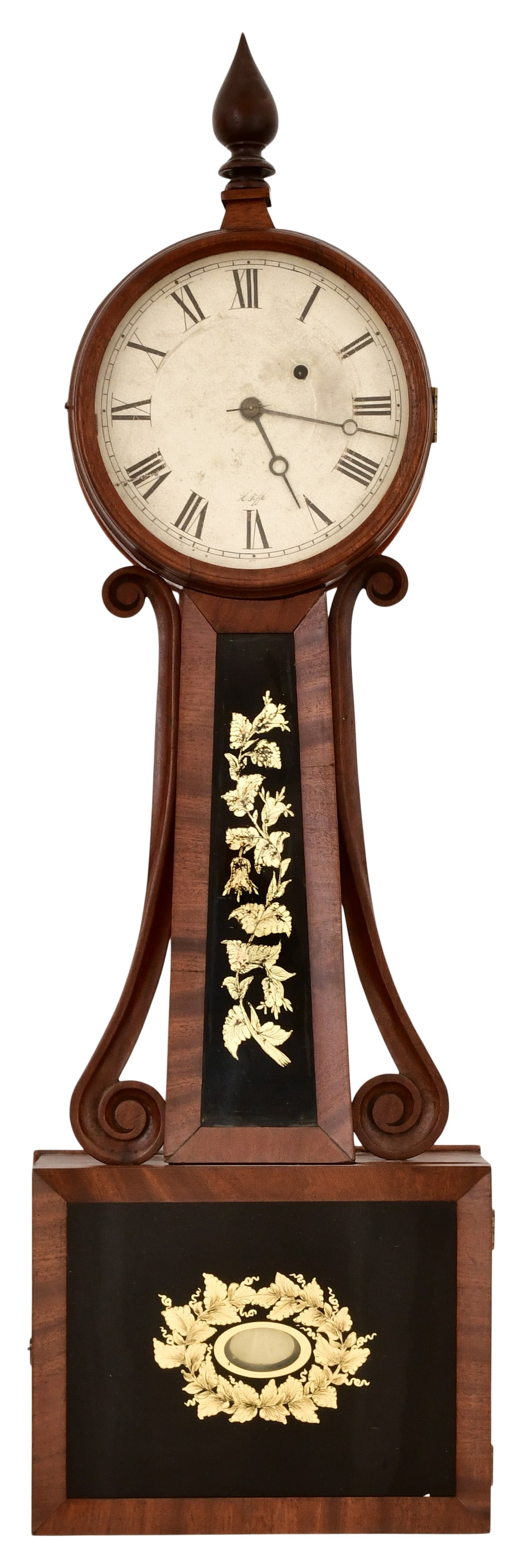Horace Tift Banjo Clock, Attleboro, Massachusetts: Horace Tift Banjo Clock, Attleboro, Massachusettsmid-19th centurymahogany case with carved side arms, 8-day brass weight driven time only movement, signed on the dial33 1/2 x 10 x 3 3/4 inches
