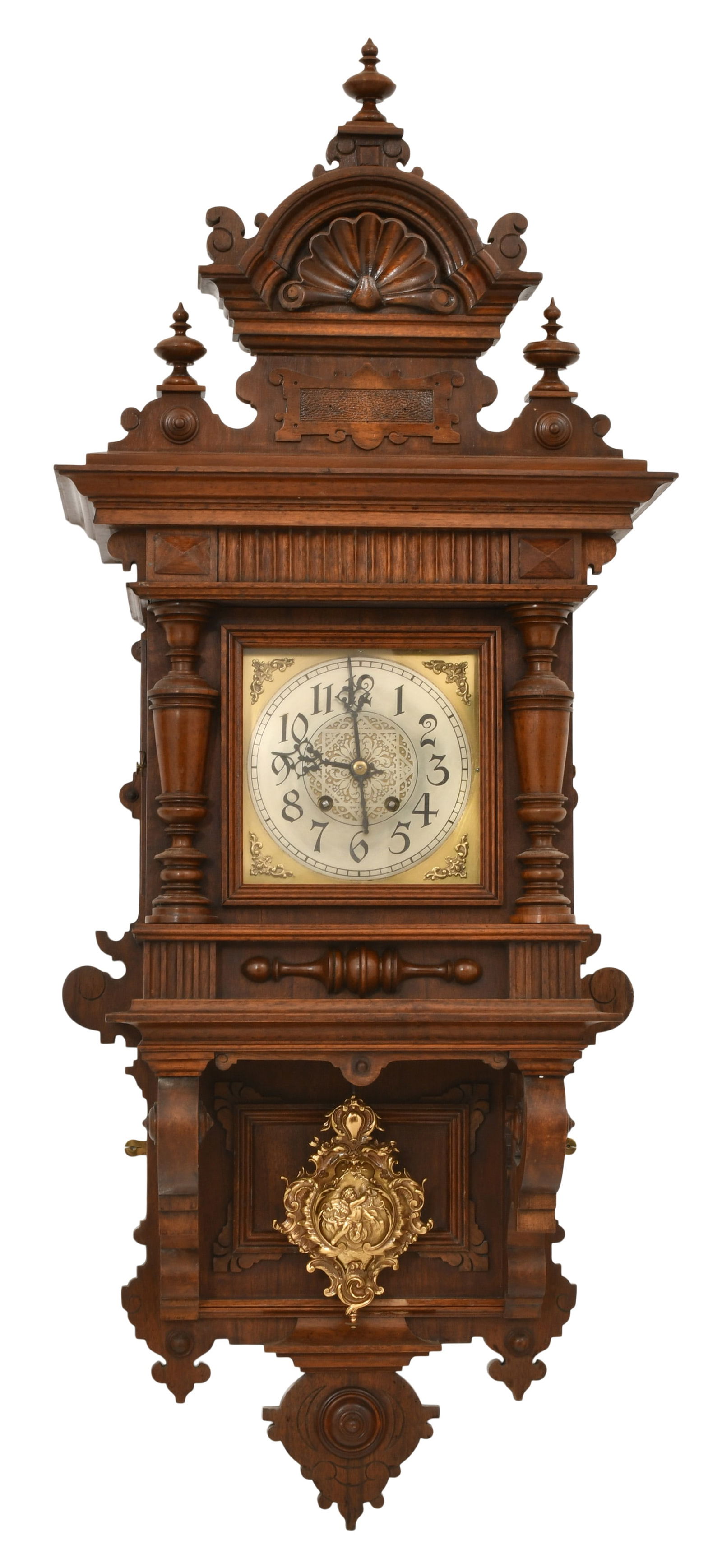 Lenzkirch German "Freischwinger" Wall Clock: Lenzkirch German "Freischwinger" Wall Clockcirca 1890'swalnut case with carved crest, 8-day brass spring driven time and strike movement, movement is signed "Lenzkirch, 978409"39 x 16 x 8 1/2 inches