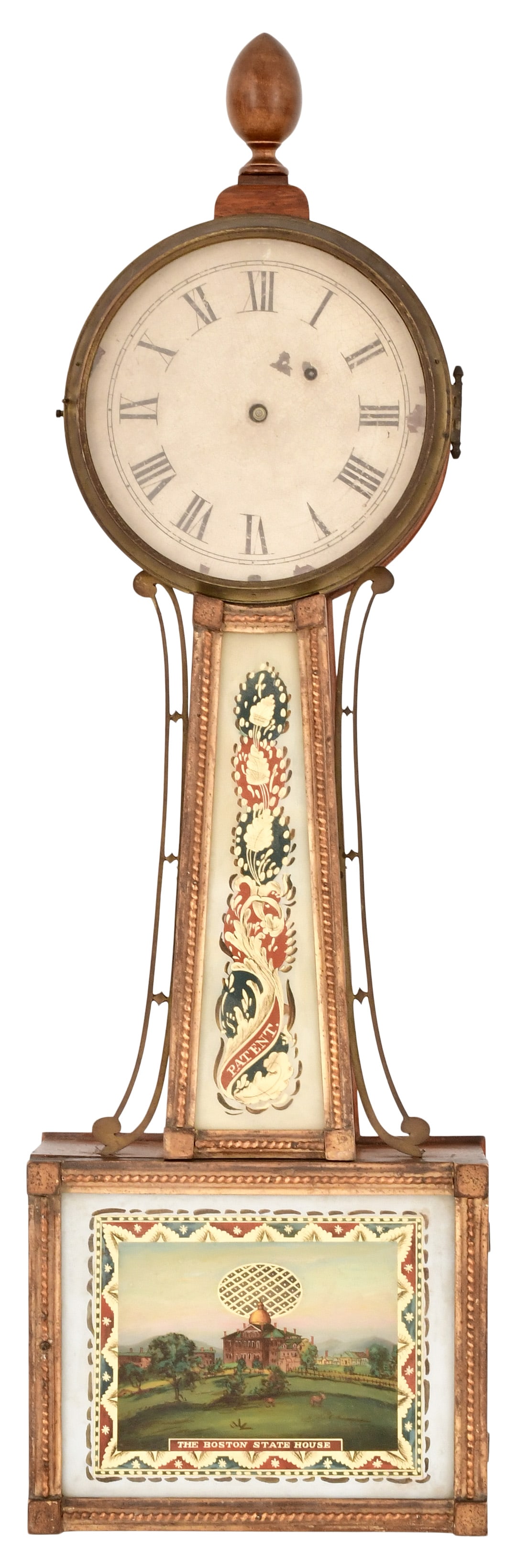 An Early 19th Century American Banjo Clock: An Early 19th Century American Banjo Clockcirca 1820'smahogany case with gilded rope frames and cast iron dial, 8-day weight-driven time-only alternate train movement, unsigned32 3/4 x 10 x 4 inches