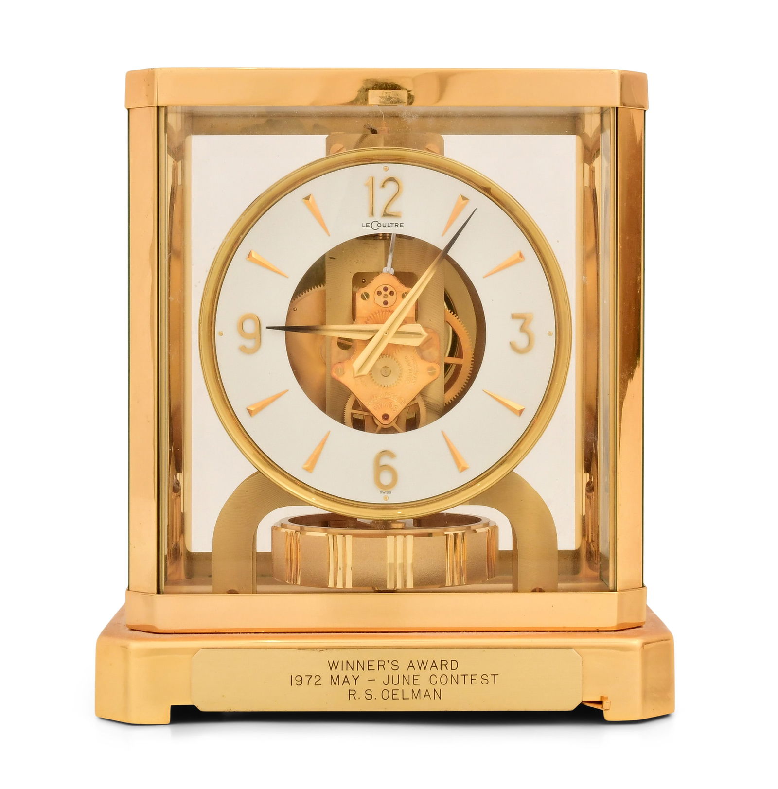 Jaeger-LeCoultre Atmos Clock, Caliber 528-8: Jaeger-LeCoultre Atmos Clock, Caliber 528-8 circa 1970's brass and glass case, perpetual 15 jewel movement powered by atmospheric bellows, serial number 364855, signed on the movement and bottom of