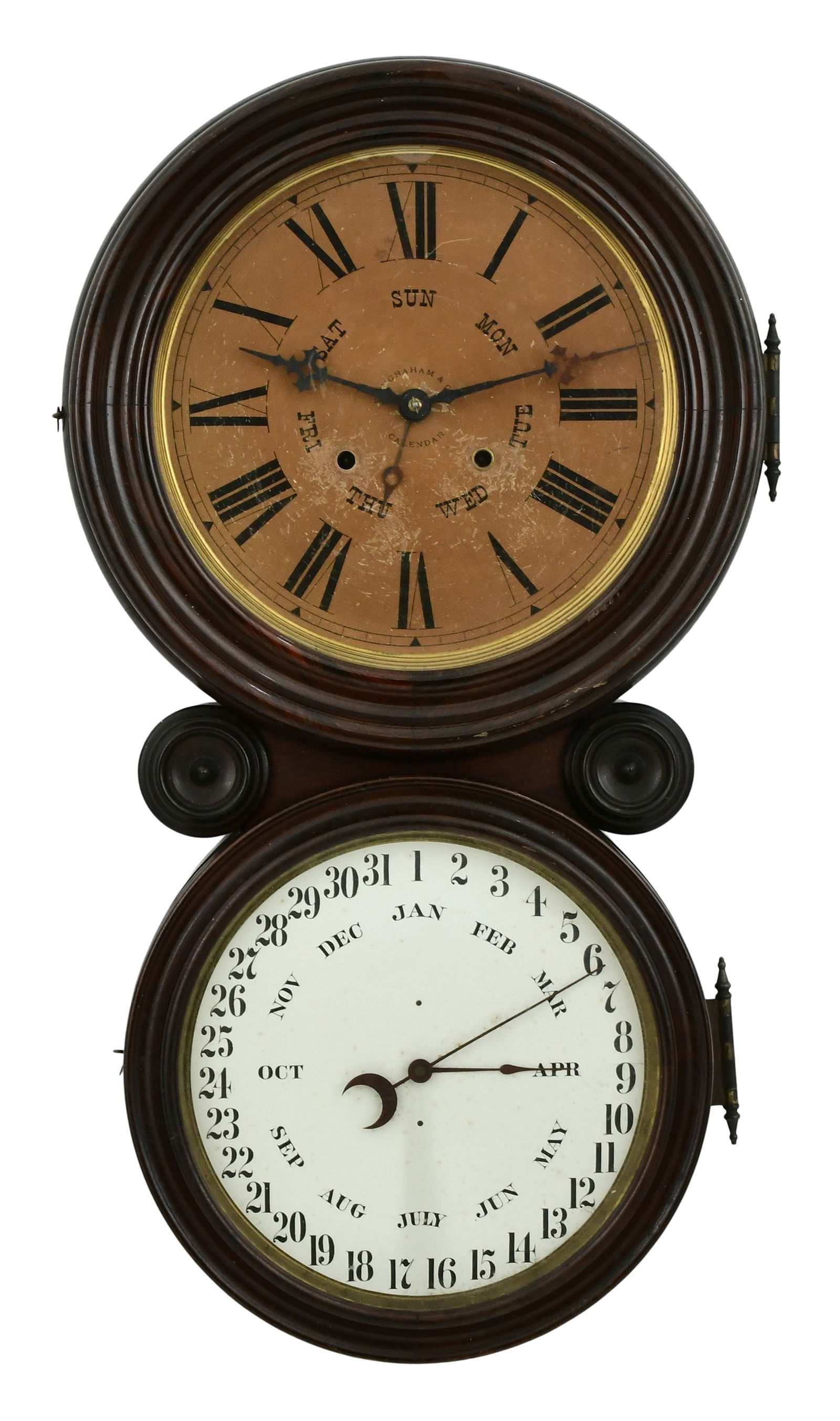 E. Ingraham & Co. "Ionic" Double-Dial Calendar Clock: E. Ingraham & Co. "Ionic" Double-Dial Calendar Clocklate 19th centuryrosewood veneer case with grain painted bezels, brass 8-day spring-driven time and strike movement with lower B.B. Lewis patent per