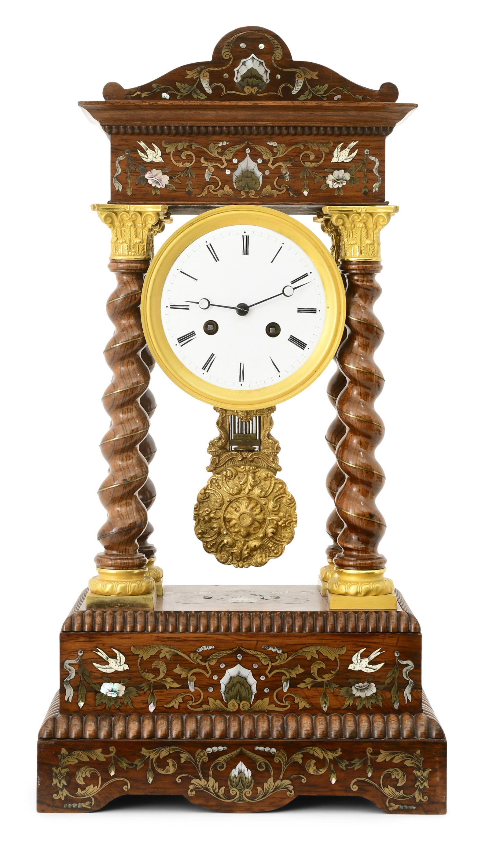 French Empire Gilt Bronze-Mounted & Inlaid Rosewood Portico Clock: French Empire Gilt Bronze-Mounted & Inlaid Rosewood Portico Clockmid-19th centuryrosewood case with brass and mother-of-pearl inlay decoration and Solomonic columns, French ebauche 8-day spring-driven