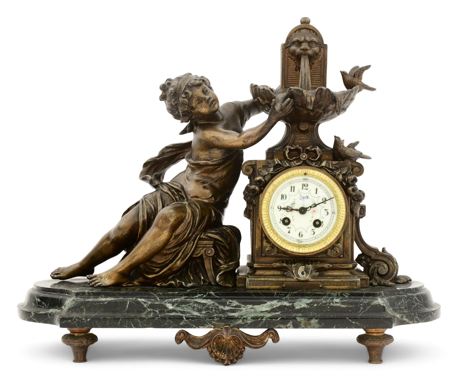 French Marble & Patinated Metal Figural Mantel Clock, F. Moreau: French Marble & Patinated Metal Figural Mantel Clock, F. Moreaumid-19th centurysurmounted by a woman beside a fountain, raised on a marble base, French ebauche 8-day time and strike spring-driven move