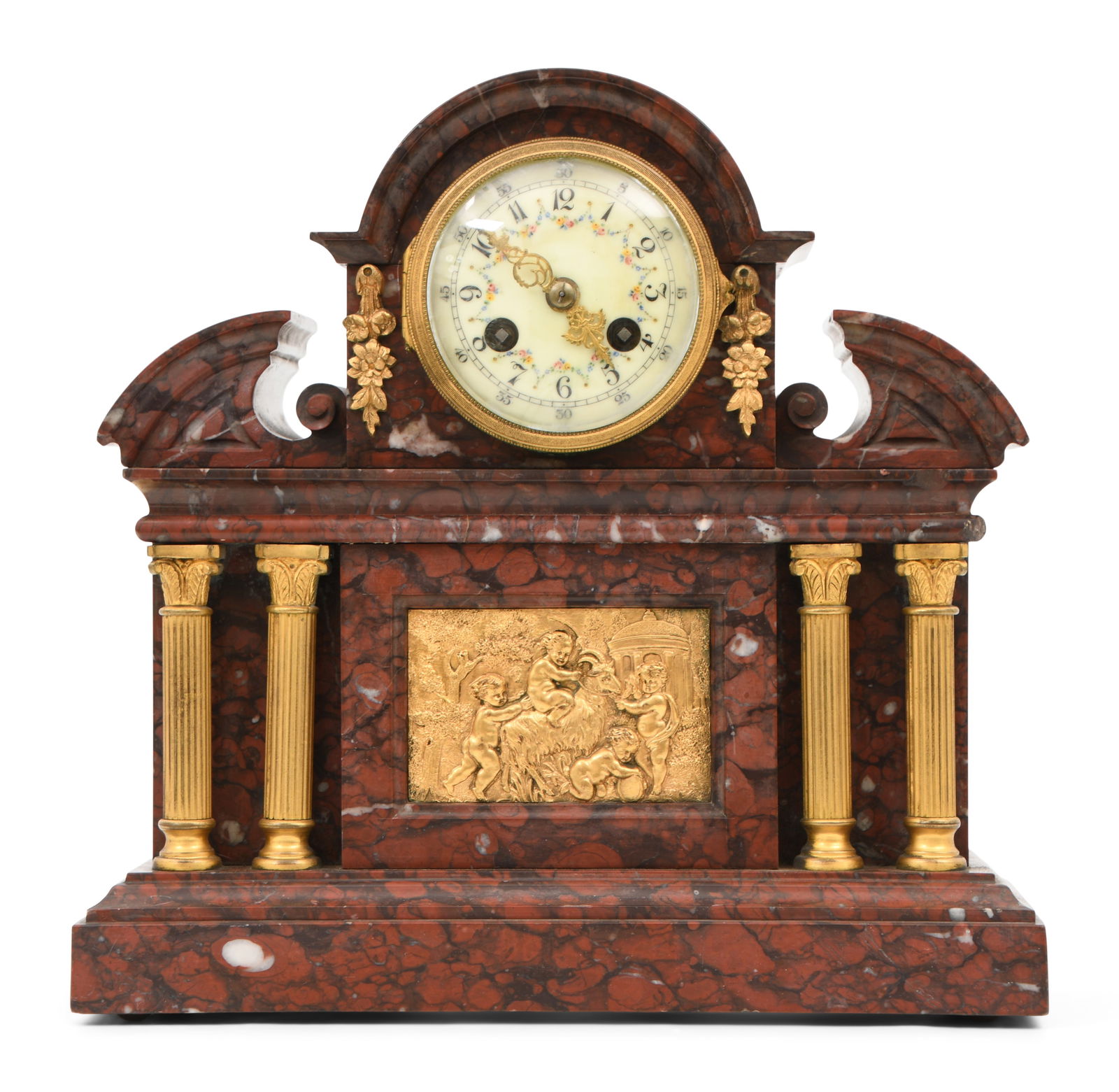 Tiffany & Co. Gilt Bronze & Rouge Marble Mantel Clock: Tiffany & Co. Gilt Bronze & Rouge Marble Mantel Clocklate 19th centurythe case with four Corinthian columns and a relief panel of putti, 8-day time and strike movement with rack and snail striking, mo