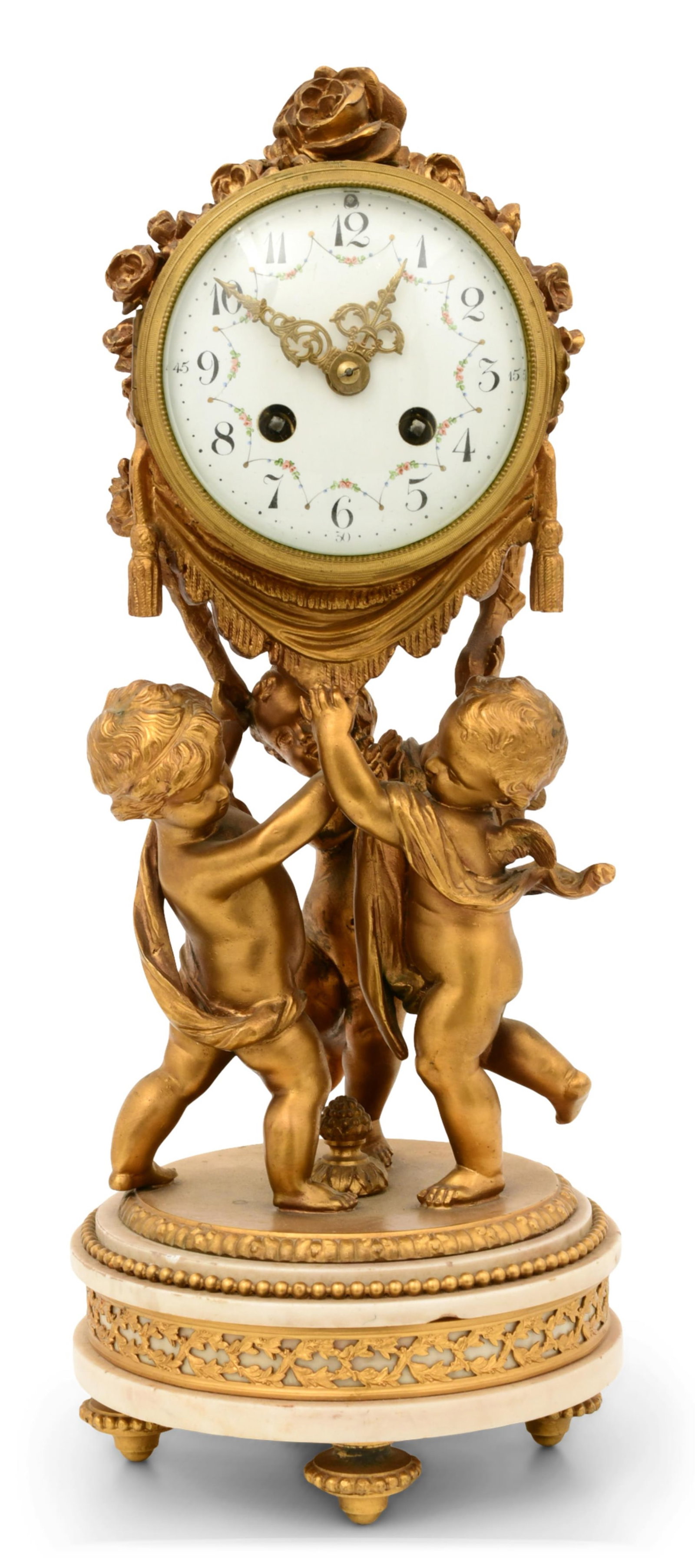 French Louis XVI-Style Gilt Bronze & Marble Mantel Clock: French Louis XVI-Style Gilt Bronze & Marble Mantel Clocklate 19th centurydecorated with three cherubs holding aloft the clock, French ebauche 8-day brass time and strike movement, movement marked "S.H