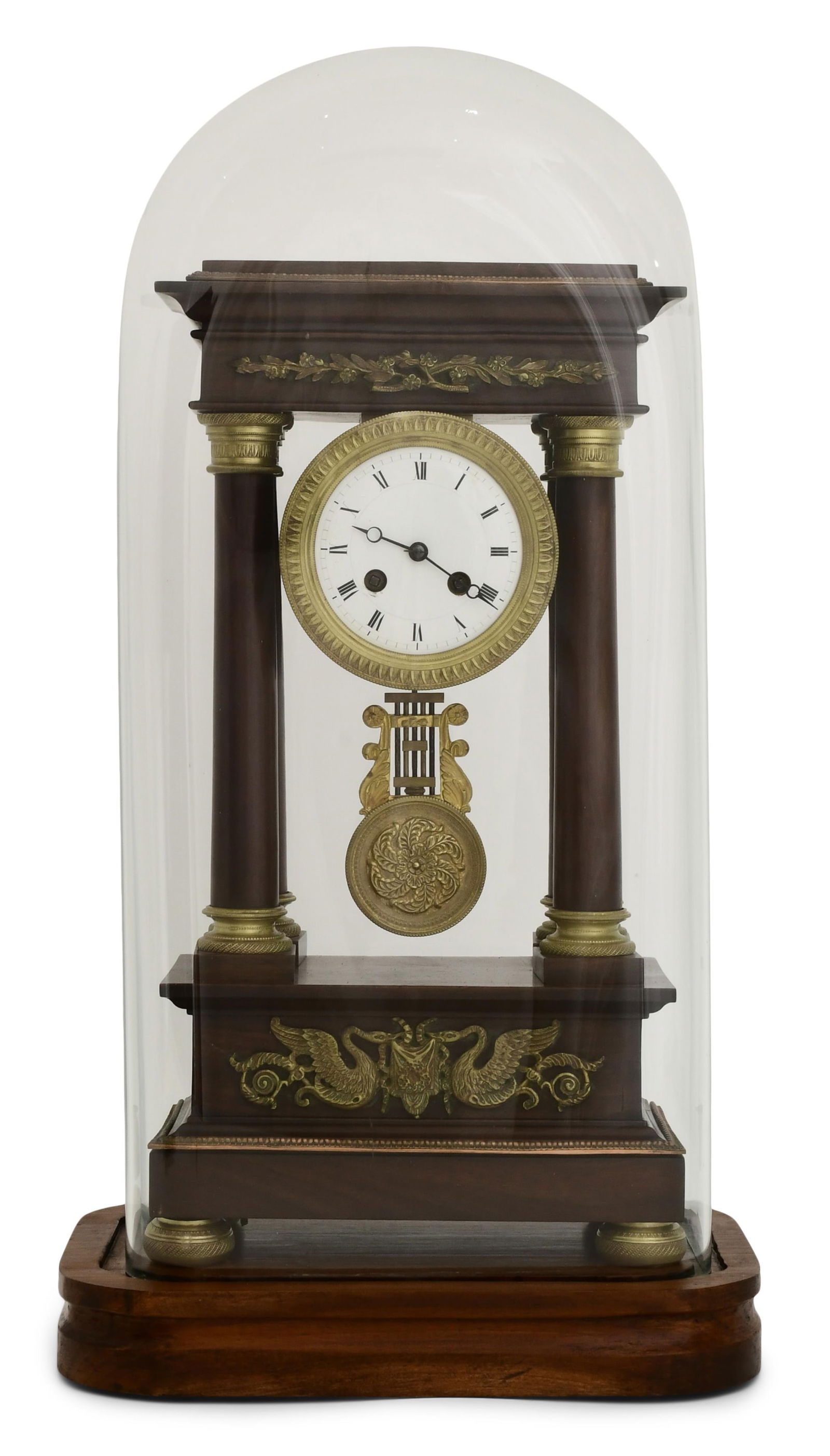 French Gilt Bronze-Mounted Mahogany Portico Clock with Dome: French Gilt Bronze-Mounted Mahogany Portico Clock with Domeearly 20th centurymahogany veneer case with gilt bronze mounts, 8-day spring-driven time and strike movement, the movement signed by S. Marti