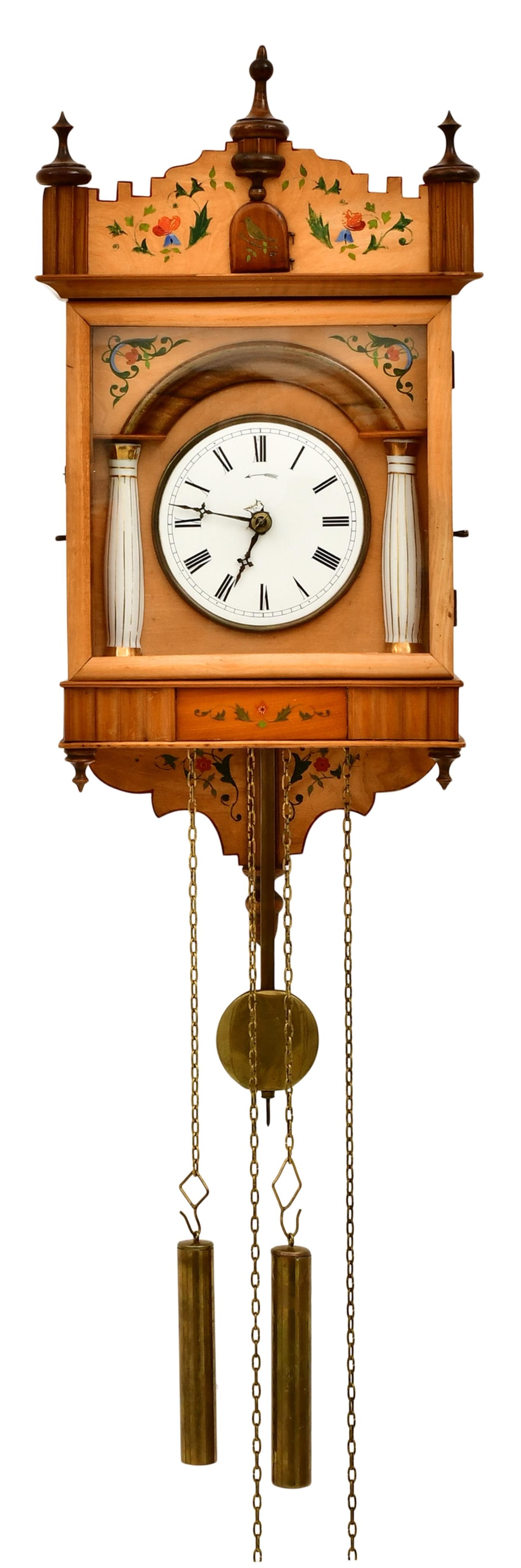 Black Forest Wood Plate Cuckoo Clock, Possibly by Johann Baptist Beha: Black Forest Wood Plate Cuckoo Clock, Possibly by Johann Baptist Behalate 19th centuryash with painted decorations, 30 hour weight driven wood plate movement with cuckoo, unsigned22 1/2 x 8 x 6 inches