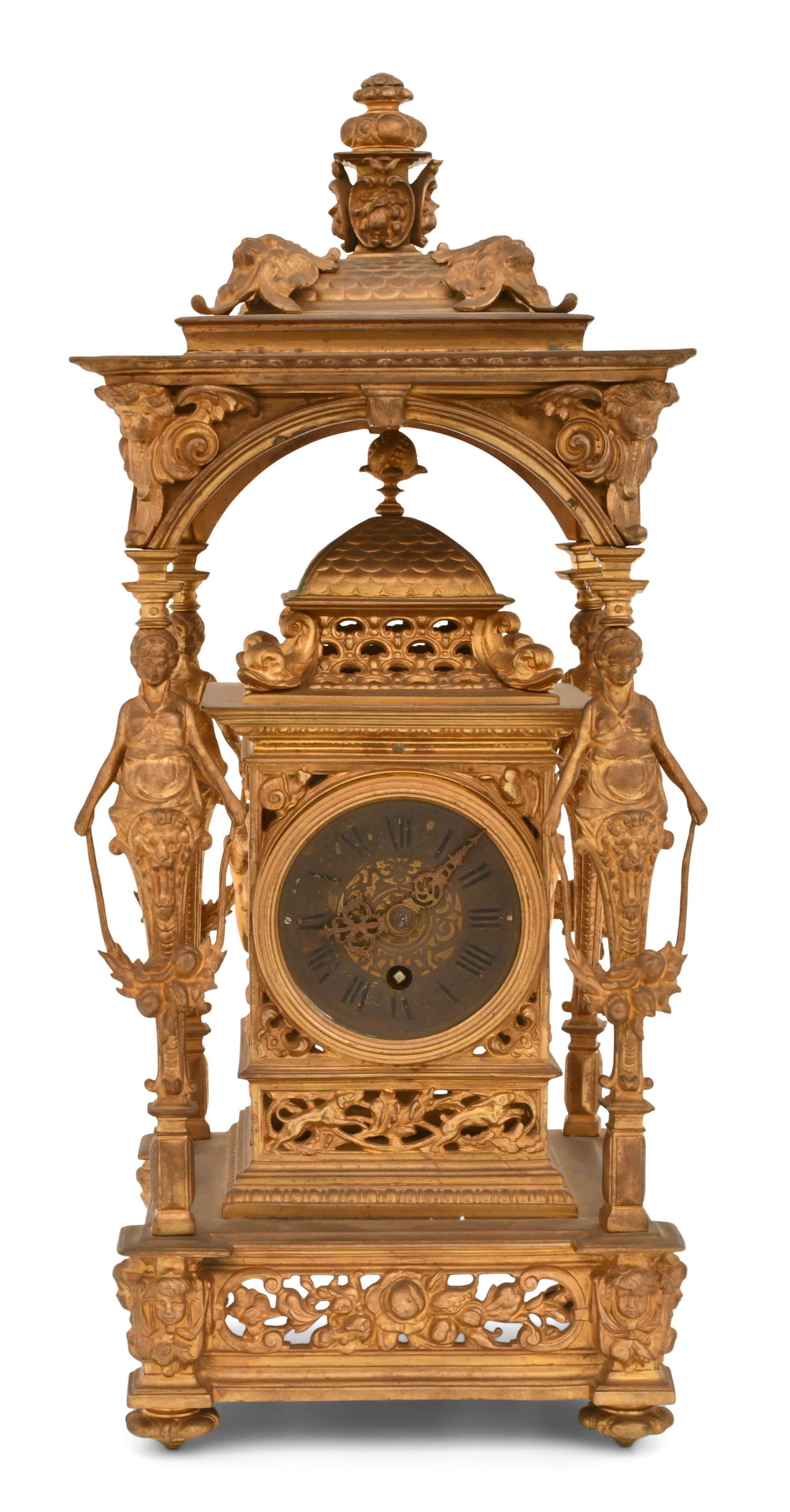 French Gilt Bronze Figural Table Clock: French Gilt Bronze Figural Table Clocklate 19th centuryportico style case with four allegorical figures, French ebauche 8-day brass time only spring driven movement with platform escapement, unsigned2