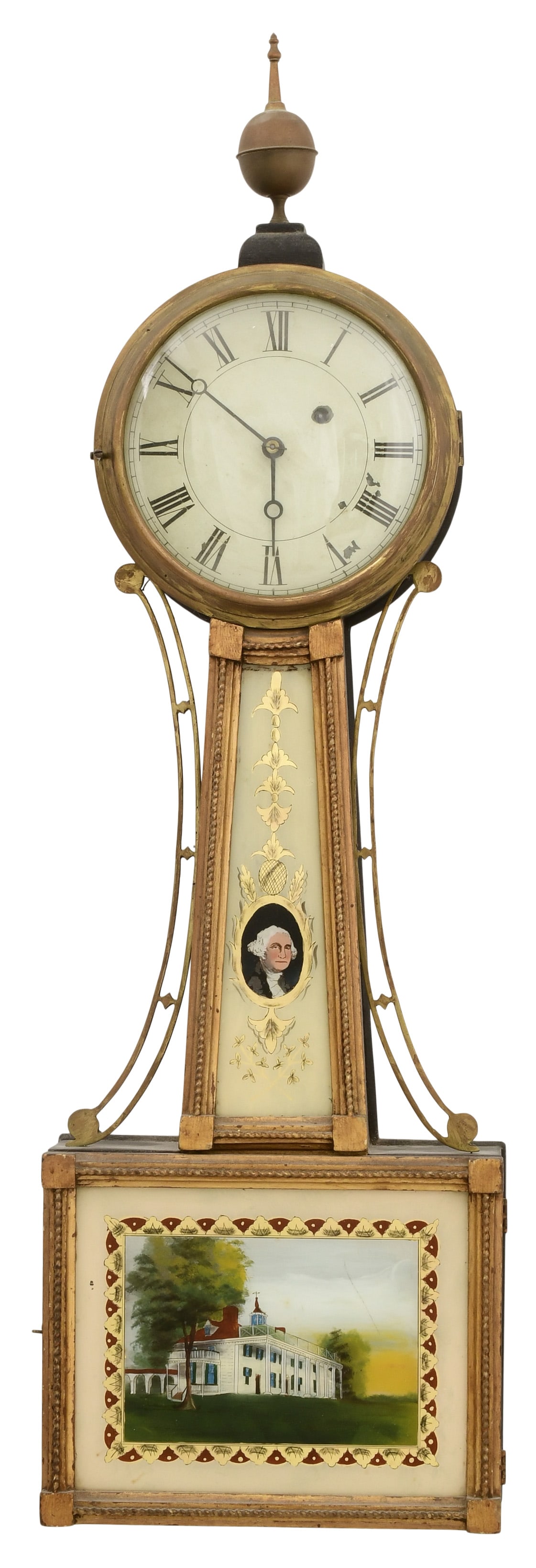 American Banjo Clock: American Banjo Clockearly 20th centurymahogany case with gilded rope frames, brass 8-day time-only weight-driven movement with lead weight, presentation dated 1929 inside case34 x 10 1/2 x 4 inches