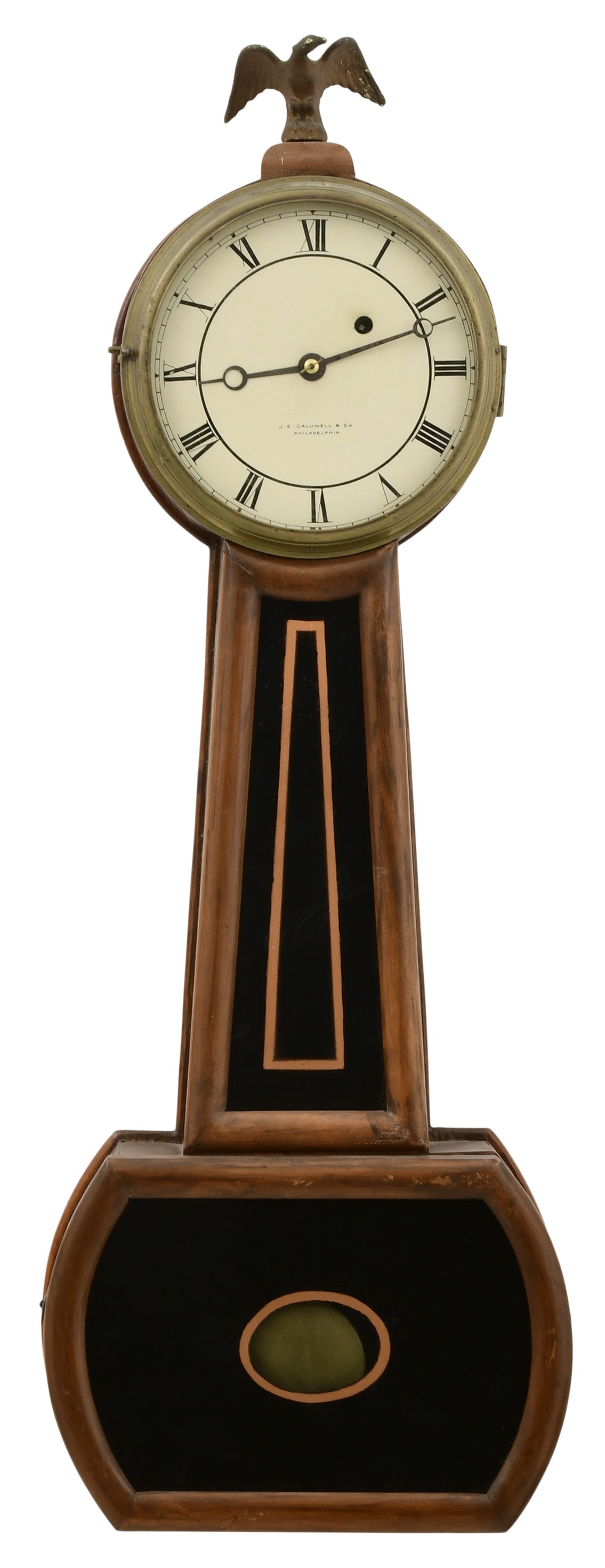J.E. Caldwell & Co. Banjo Clock, Attleboro, Massachusetts: J.E. Caldwell & Co. Banjo Clock, Attleboro, Massachusettslate 19th centurymahogany case with half rounded frames and reverse painted tablets, brass 8-day weight-driven movement, dial signed by the ret