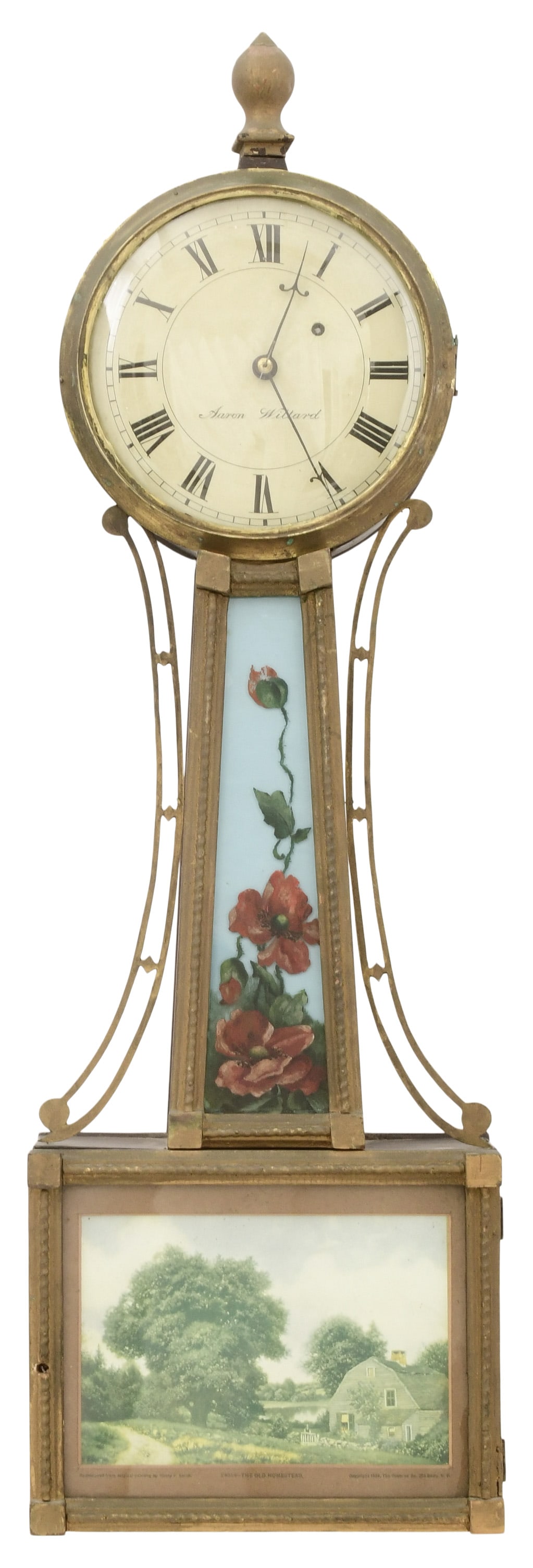 Early 19th Century American Banjo Clock: Early 19th Century American Banjo Clockcirca 1820'smahogany case with gilded rope frames, pine backboard and reverse painted tablets, brass 8-day time-only weight-driven movement with alternate train