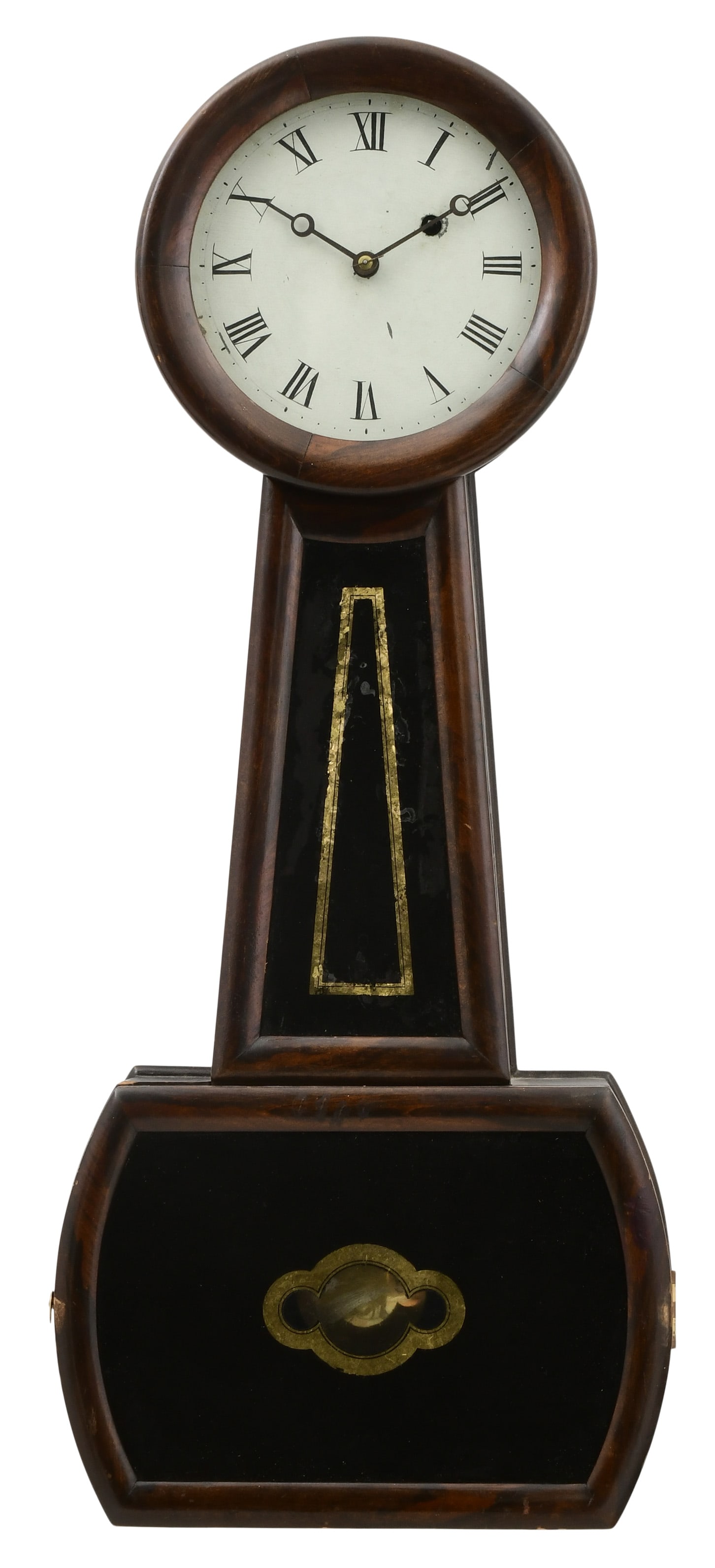 Attributed to Horace Tifft (1804-1886), Banjo Clock, Attleboro, Massachusetts: Attributed to Horace Tifft (1804-1886), Banjo Clock, Attleboro, Massachusettslate 19th centurymahogany case with half rounded frames and painted tablets, 8-day time-only weight-driven movement, unsign