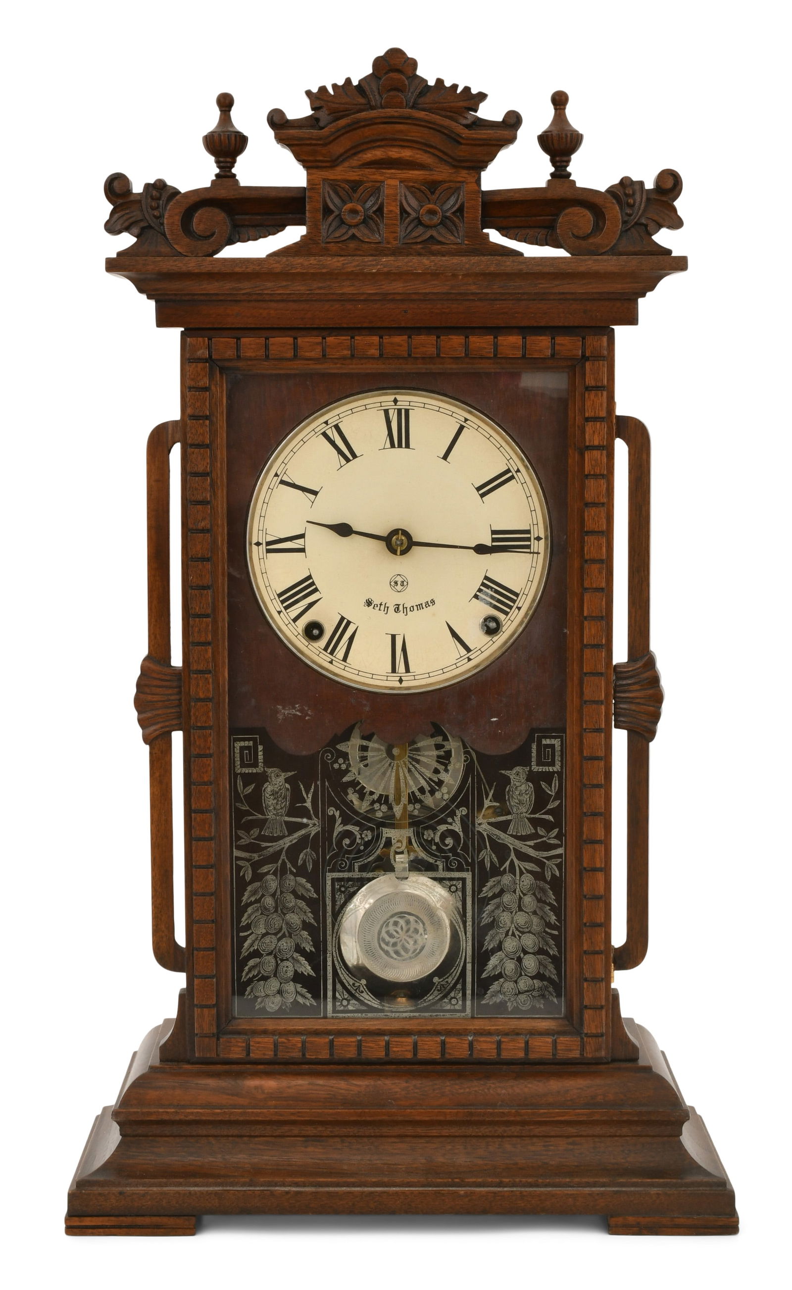 Seth Thomas City Series "Utica" Shelf Clock: Seth Thomas City Series "Utica" Shelf Clockcirca 1886walnut case, painted Roman hour numeral dial and nickel-plated damascened pendulum bob, 8-day lyre movement signed "Seth Thomas"22 1/2 x 13 x 5 1/4