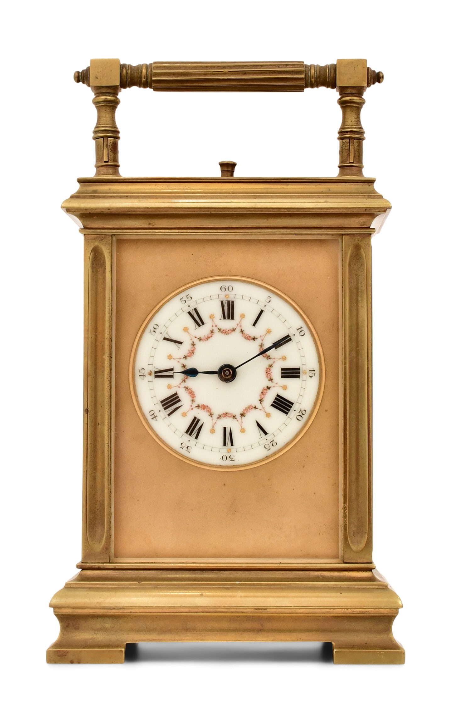 French Brass Repeating Carriage Clock: French Brass Repeating Carriage Clockearly 20th centurythe brass case with beveled glass and porcelain dial, 8-day hour repeating, time and strike movement, unsigned7 1/2 x 4 1/3 x 3 3/4 inches
