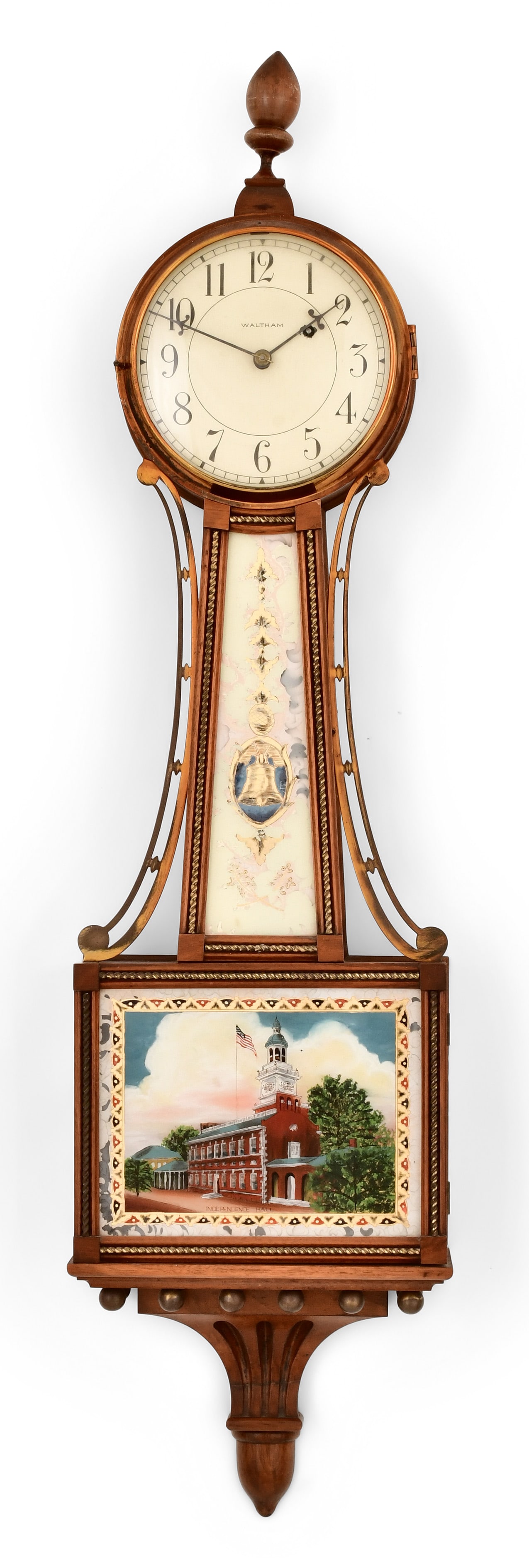 Waltham Presentation Banjo Clock: Waltham Presentation Banjo Clockcirca 1930mahogany case with painted tablets, the lower tablet depicting Independence Hall, brass 8-day weight-driven time-only movement with maintaining power, dial si
