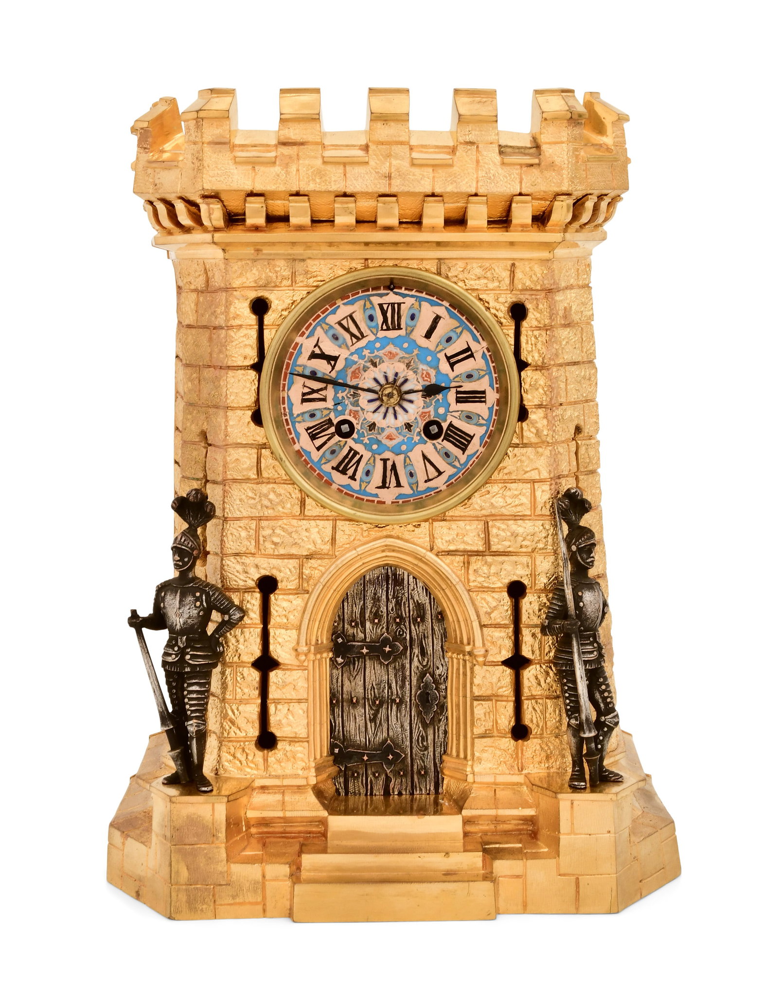 French Gothic Revival Castle-Form Mantel Clock: French Gothic Revival Castle-Form Mantel Clock20th centurygilt brass castle flanked by knights, French ebauche 8-day brass spring driven time and strike movement, movement with the ebauche maker's tou