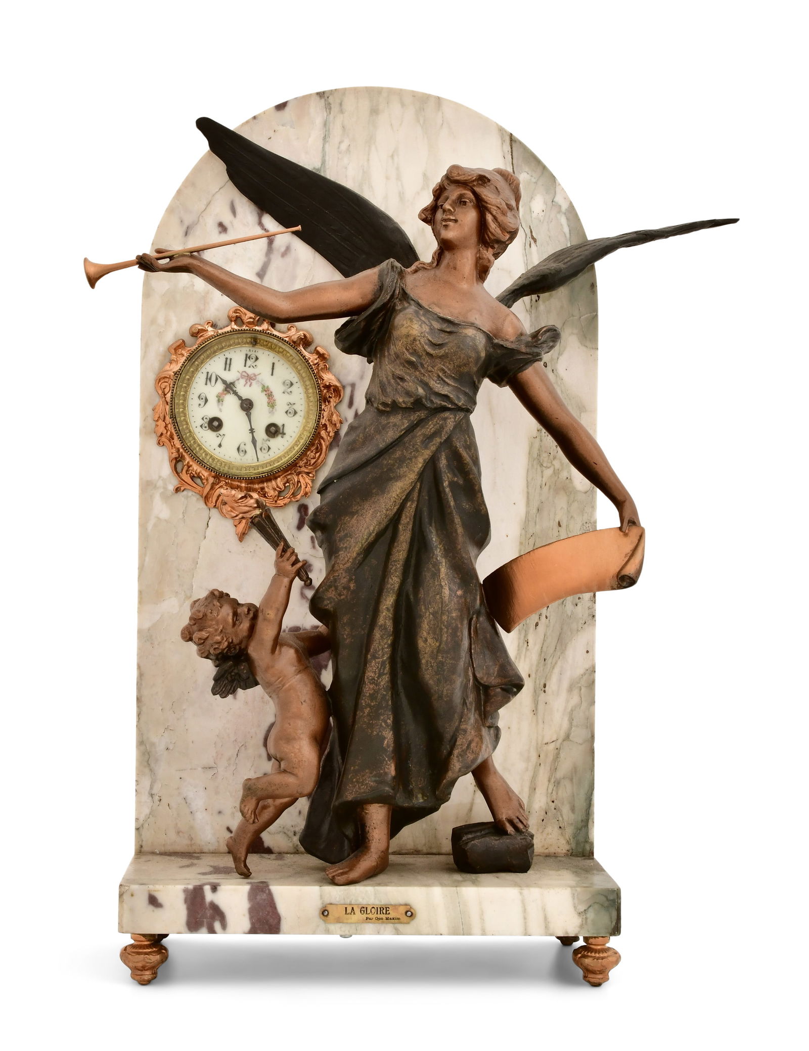 Georges Maxim (French, 1885-1940), "The Glory" Figural Mantel Clock: Georges Maxim (French, 1885-1940), "The Glory" Figural Mantel Clockearly 20th centurypatinated metal figure of a winged woman and putti, titled "La Gloire" (The Glory), French ebauche 8-day brass spri