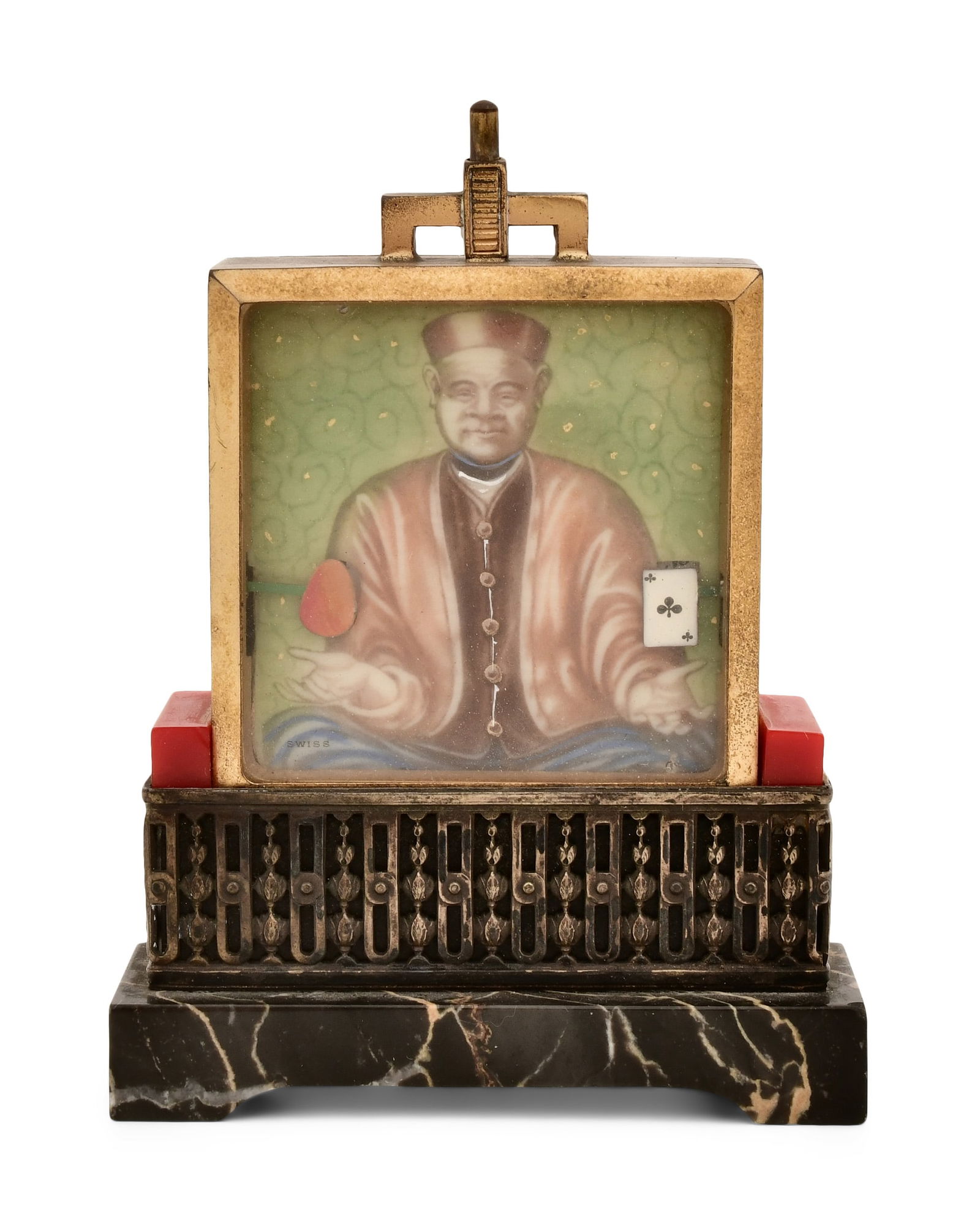 Didisheim-Goldschmidt Fils & Cie "Le Jongleur" (The Juggler) Desk Clock: Didisheim-Goldschmidt Fils & Cie "Le Jongleur" (The Juggler) Desk Clockearly 20th centurygilt-framed painting depicting a Chinese figure holding an egg in one hand and a playing card in the other, whe