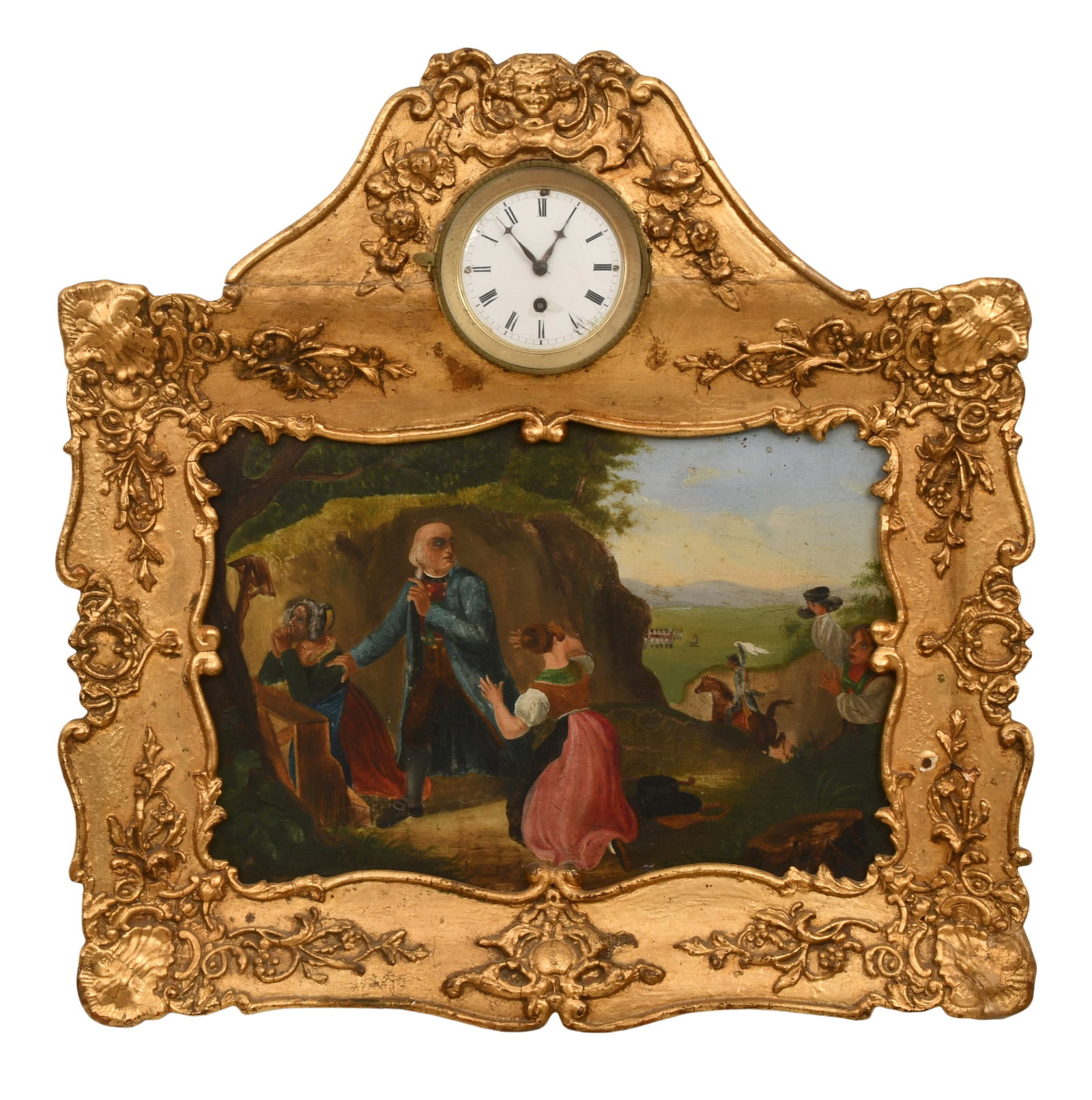 Continental Picture Clock: Continental Picture Clockmid-19th centurypainting on tin of a figural scene with a clock above, unknown duration time only brass spring driven movement with silk thread suspension, unsigned19 1/2 x 19