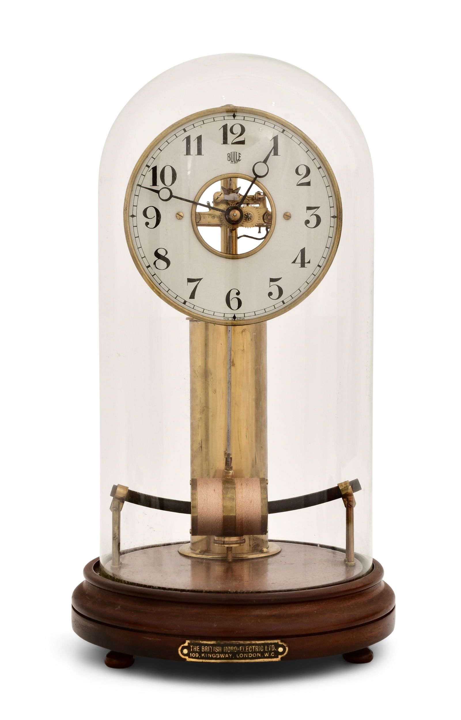 Bulle ATO Clock with Glass Dome: Bulle ATO Clock with Glass DomeFrench, early 20th centurymounted to walnut base, battery operated "ATO" movement, serial "3059," base signed "The British electric Limited" and dial signed "Bulle"16 x