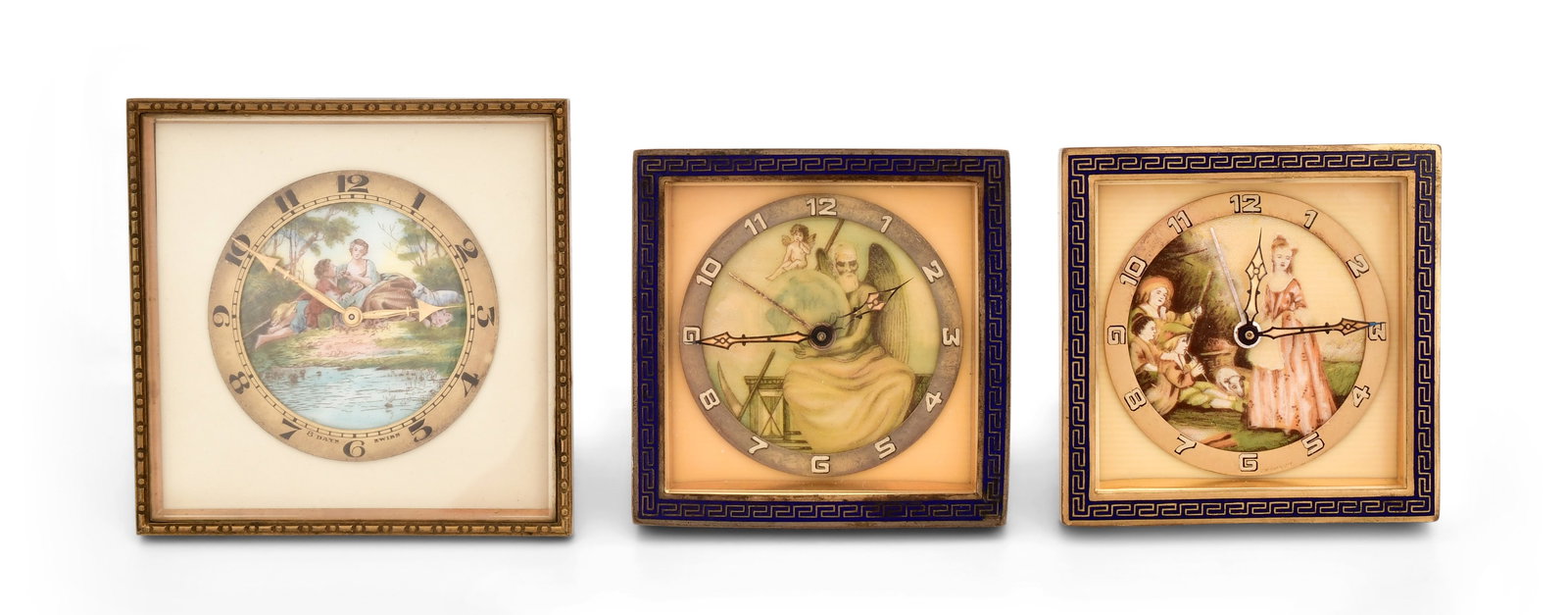 Lot of Three Swiss Desk Clocks: Lot of Three Swiss Desk Clocksmid-20th century1. 8-day time only with gilt metal frame, functions properly (15-minute test).2. 8-day time and alarm with enameled metal frame, not working.3. 8-day time
