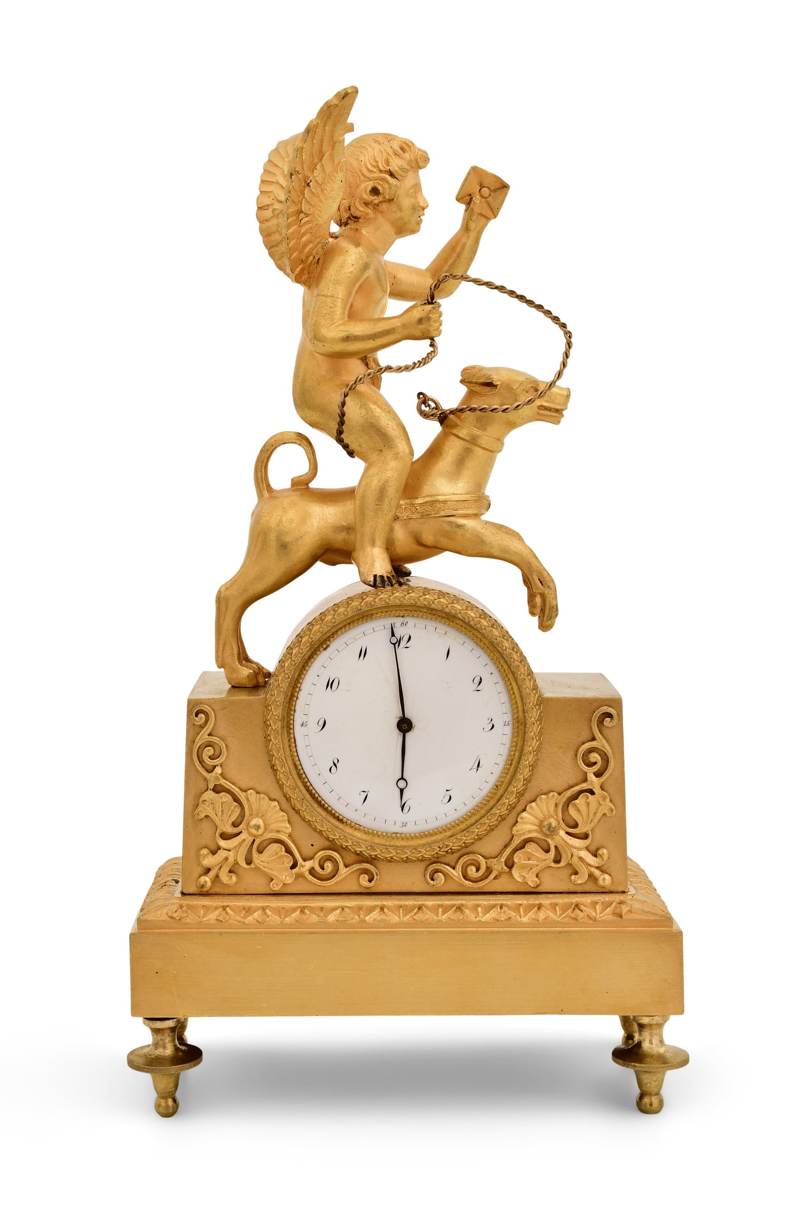 French Gilt Bronze Figural Desk Clock: French Gilt Bronze Figural Desk Clocklate 19th centurywith surmounted figure of a winged messenger riding a dog, 30-hour Swiss "bar" watch movement with lever escapement, unsigned8 1/4 x 4 3/4 x 2 3/4