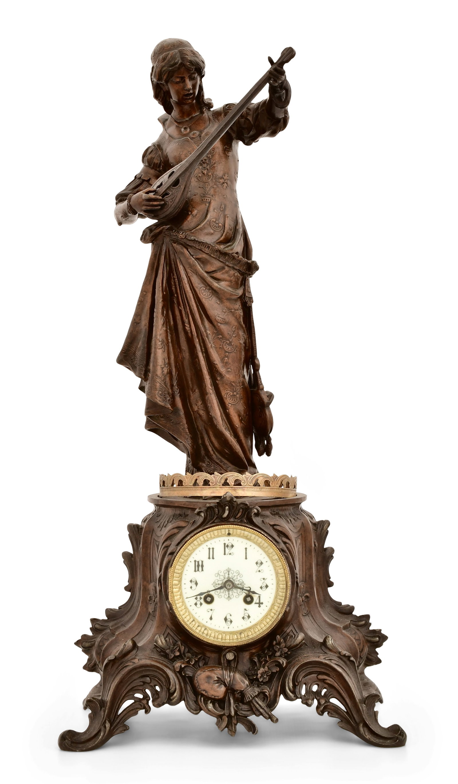 French Patinated Metal Figural Clock: French Patinated Metal Figural Clockmid-19th centurysurmounted by a woman playing a lute, French ebauche 8-day brass time and strike spring driven movement, movement with ebauche maker's touchmark "S.
