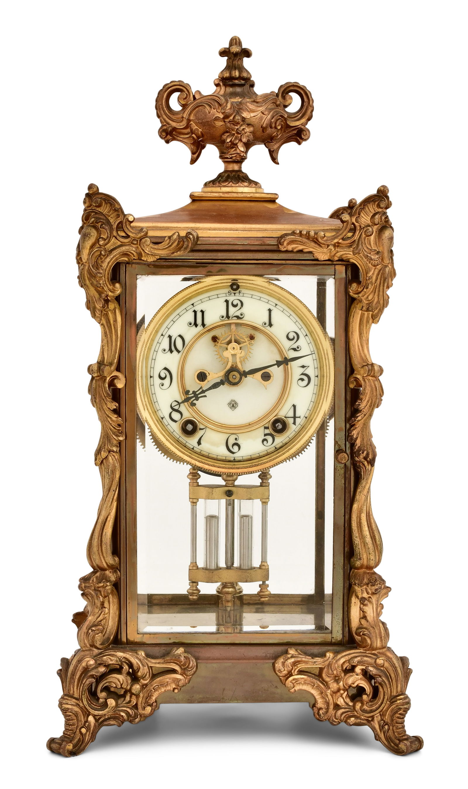 Ansonia Clock Co. "Viceroy" Crystal Regulator Clock: Ansonia Clock Co. "Viceroy" Crystal Regulator Clockcirca 1902brass with beveled glass panels, 8-day brass spring driven time and strike movement with jeweled brocot escapement, signed on the dial and
