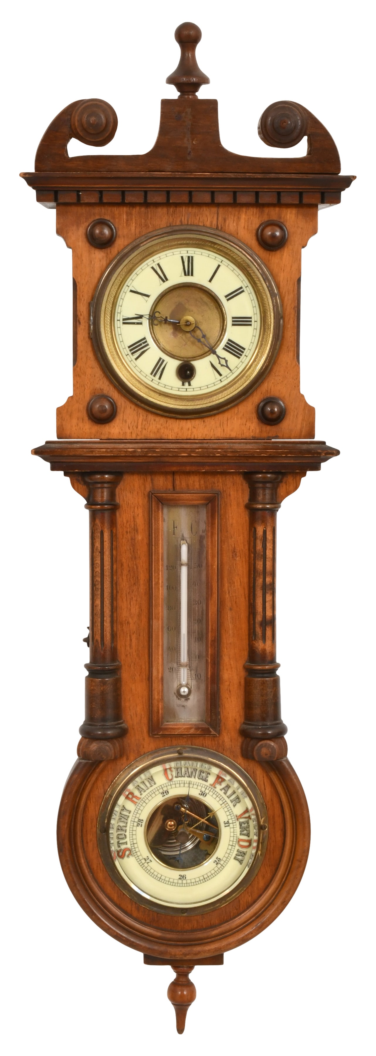 Hamburg American Clock Co. Wall Clock / Weather Station, Germany: Hamburg American Clock Co. Wall Clock / Weather Station, Germanyearly 20th centurywalnut case with barometer and thermometer, 8-day brass time only spring driven movement, signed on the movement with