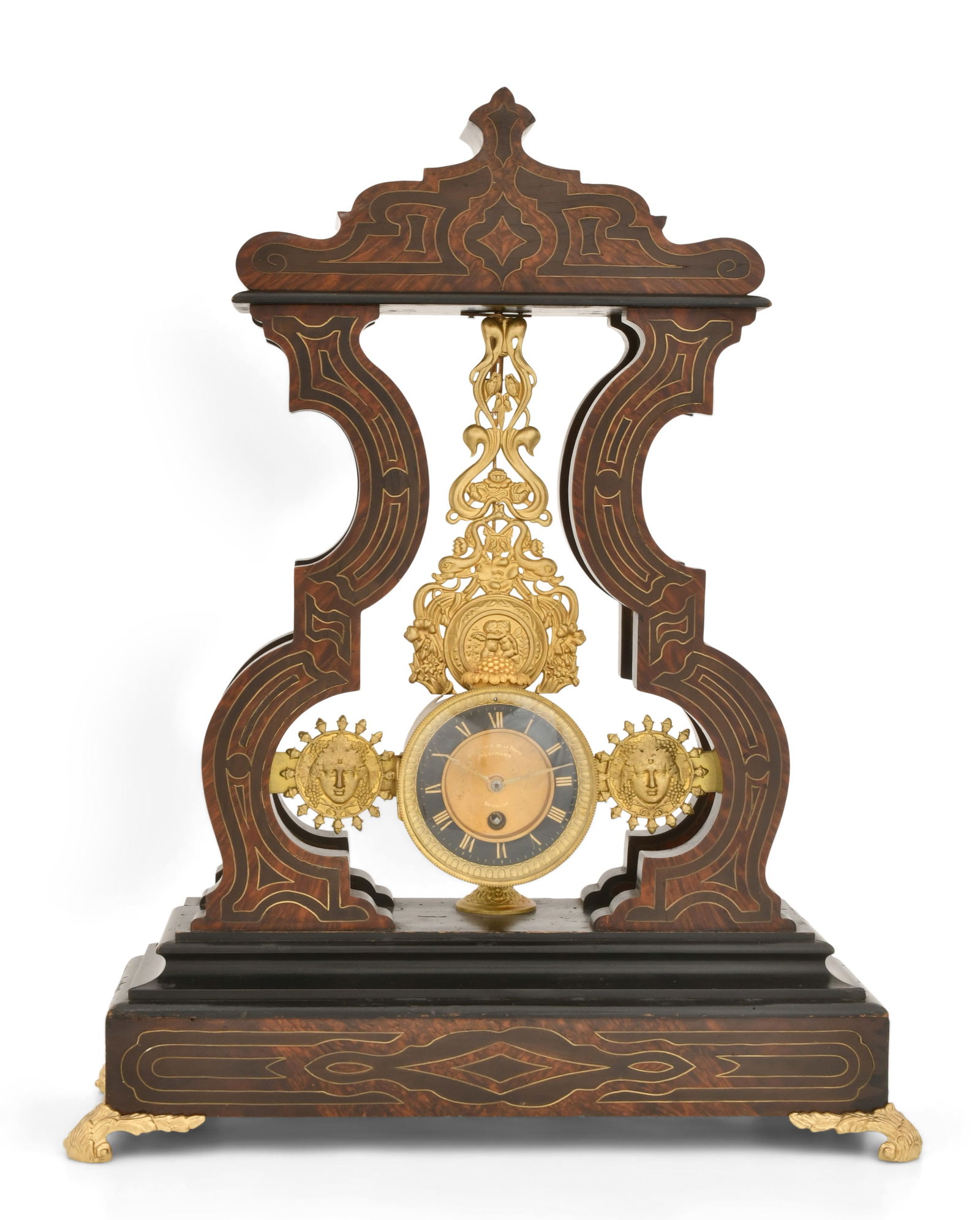 An Inverted Pendulum Mantel Clock: An Inverted Pendulum Mantel Clocklate 20th centuryinlaid wood frame with suspended pendulum, 8-day brass time only spring driven movement, dial signed with spurious signature "Horologer De La Poste, B