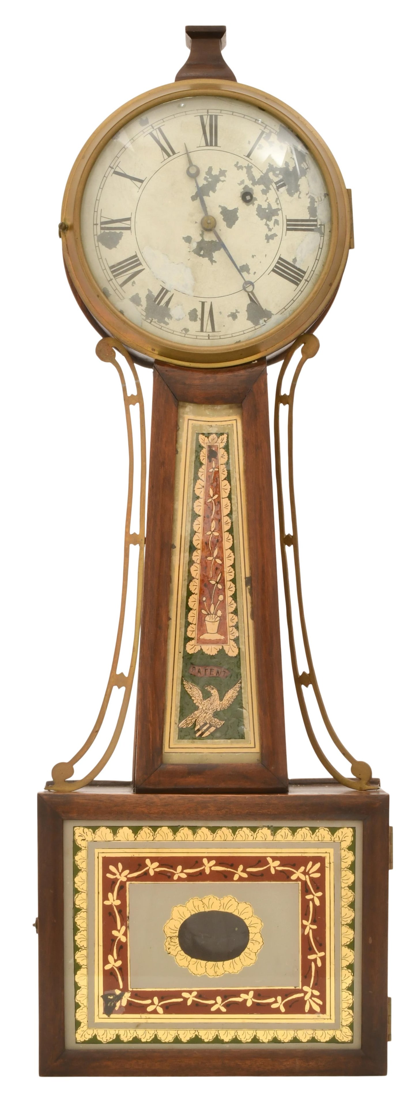 Attr. George Hatch (1816-1879), Banjo Clock, Attleboro, Massachusetts: Attributed to George Hatch (1816-1879), Banjo Clock, Attleboro, Massachusettslate 19th centurymahogany case with reverse painted tablets, brass 8-day time-only weight-driven movement, unsigned30 1/4 x