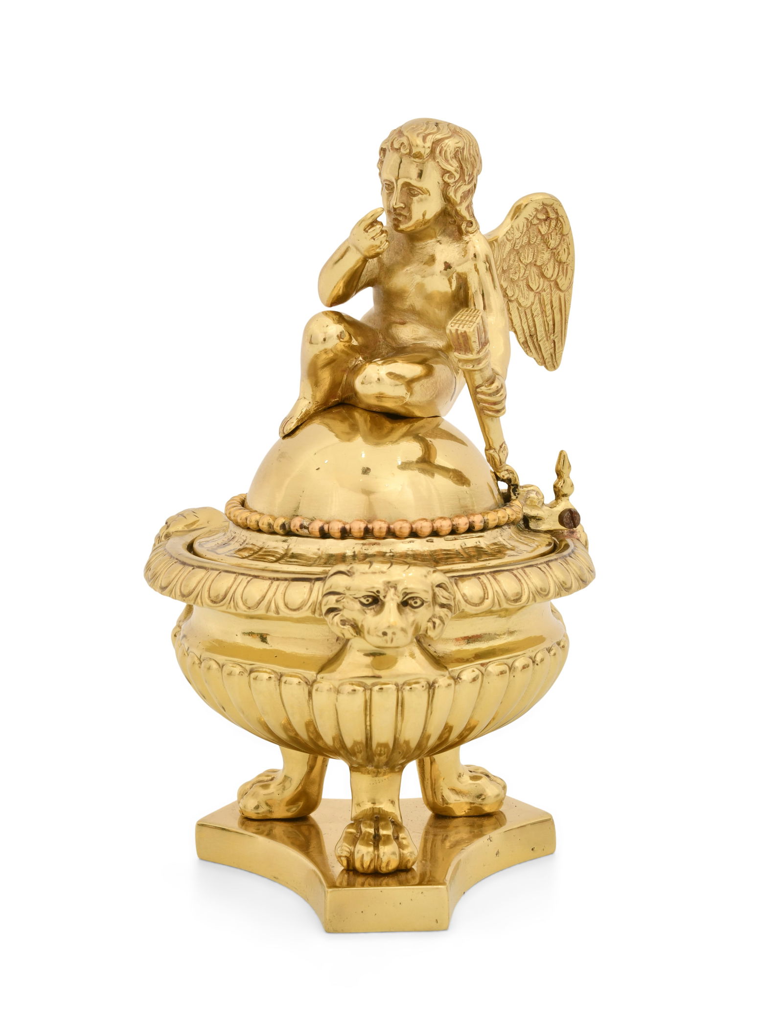 Verge Fusee Cherub Desk Clock: Verge Fusee Cherub Desk Clock19th century (movement), late 20th century (case)French verge fusee watch movement, brass urn with a surmounted cherub, unsigned7 x 4 1/2 inches