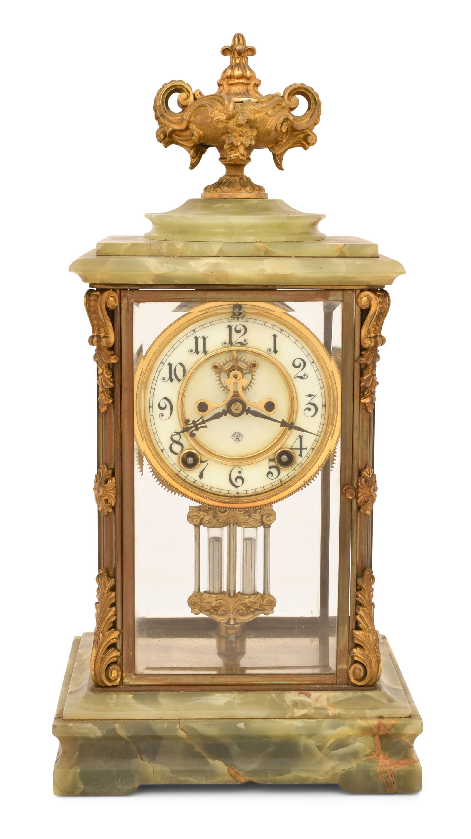 Ansonia Clock Co. "Laureate" Crystal Regulator Clock: Ansonia Clock Co. "Laureate" Crystal Regulator Clocklate 19th centurygilt brass case with beveled glass sides having an onyx base and top, brass 8-day spring-driven time and strike movement with jewel