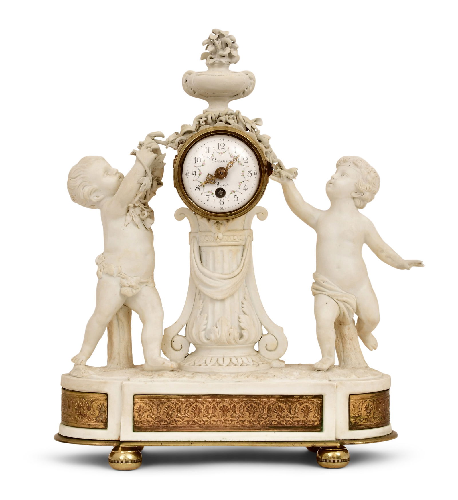 French Figural Bisque Mantel Clock, Crosnier, Paris: French Figural Bisque Mantel Clock, Crosnier, Parisearly 20th centurybisque figural putti holding a floral arrangement, 8-day brass time only spring driven movement with platform escapement, signed on