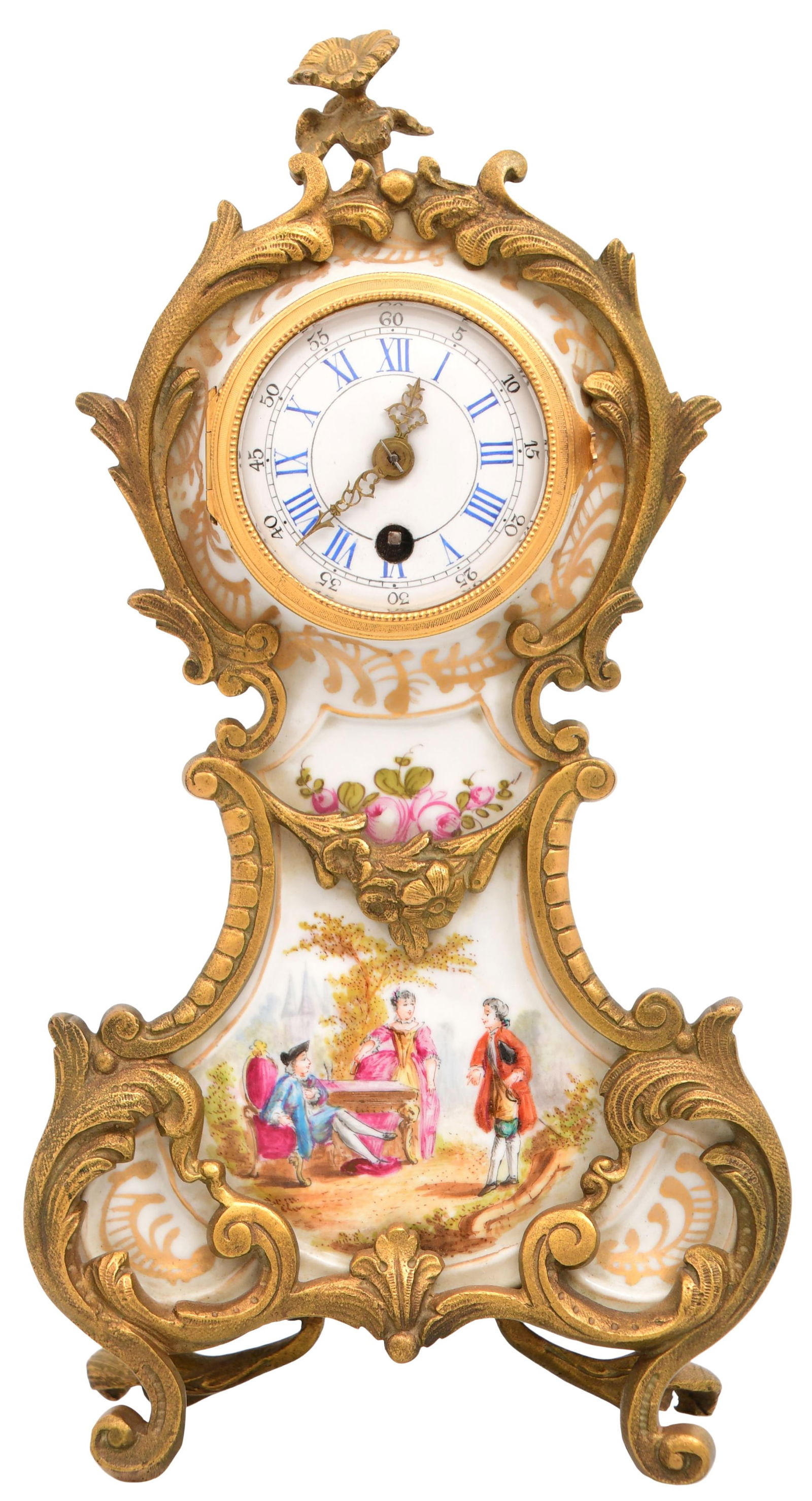 Meissen Gilt Bronze-Mounted Porcelain Mantel Clock: Meissen Gilt Bronze-Mounted Porcelain Mantel Clocklate 19th centuryporcelain with applied brass trim, brass 30-hour time only movement with cylinder platform escapement, case with firm's mark11 x 6 x