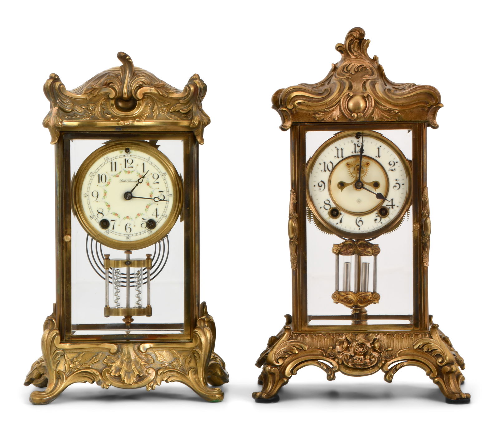 Two Crystal Regulator Clocks, Seth Thomas & Ansonia: Two Crystal Regulator Clocks1) Ansonia Clock Co., early 20th century, brass case with beveled glass, 8-day jeweled brocot escapement movement, dial signed, 16 x 9 x 8 inches2) Seth Thomas, early 20th