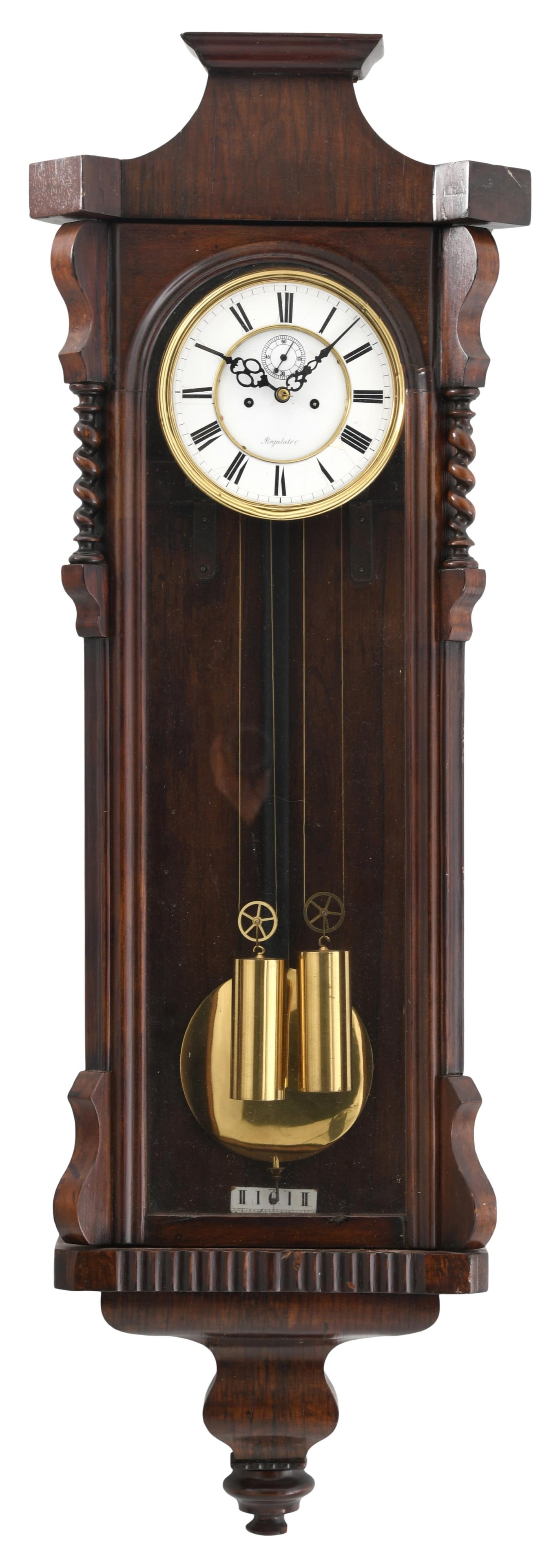 Vienna Two Weight Wall Regulator Clock: Vienna Two Weight Wall Regulator Clocklate 19th centuryveneered pine case, 8-day time and strike weight driven movement, marked "Regulator" on the porcelain dial43 x 15 x 5 inches