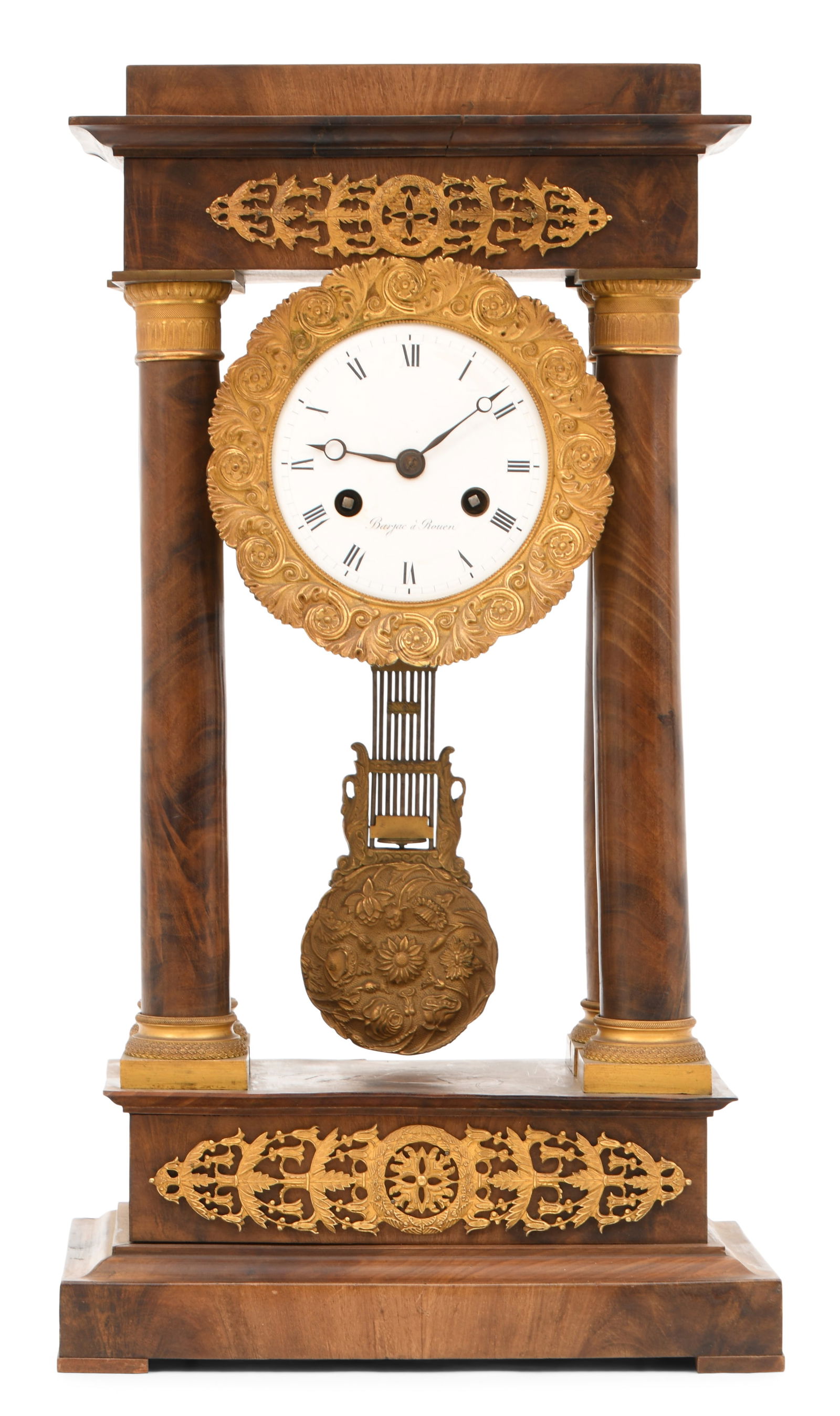 French Mahogany Portico Clock: French Mahogany Portico Clockmid-19th centurythe mahogany veneer case with gilt bronze mounts, 8-day spring driven time and count wheel strike movement, dial signed "Barjac d' Rouer"18 1/2 x 10 1/2 x