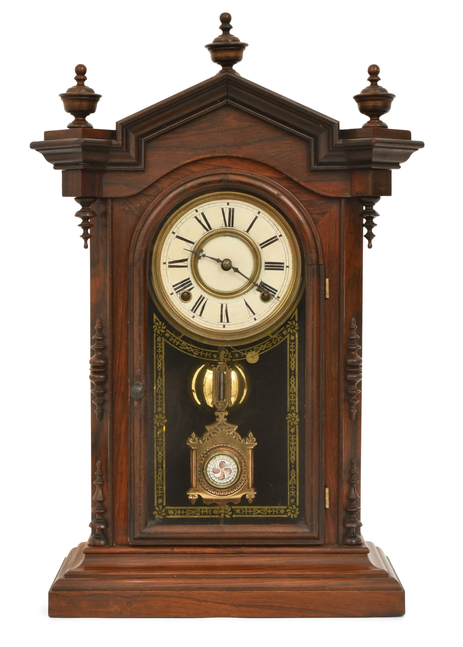 Welch Spring & Co. "Lucca" Mantel Clock: Welch Spring & Co. "Lucca" Mantel Clocklate 19th centuryrosewood case with glass side panels having gilded trim, 8-day time and strike spring driven movement, signed on the movement and with partial l