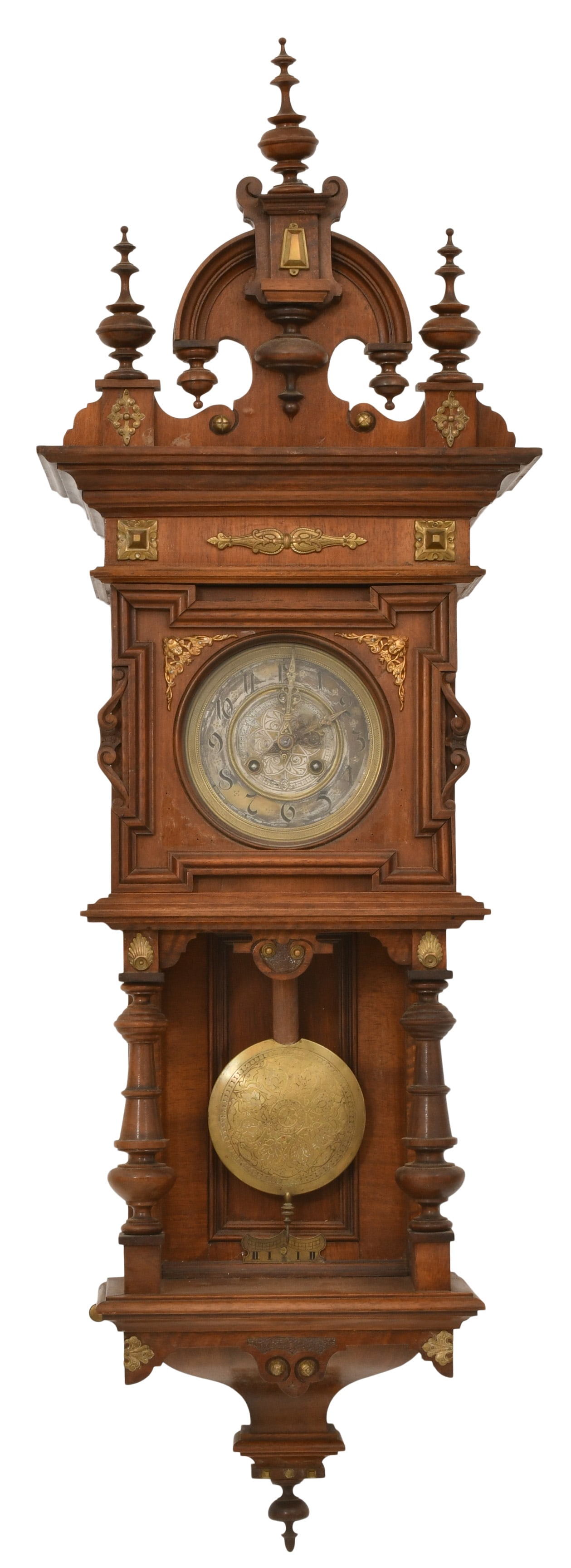 German "Freischwinger" Wall Clock: German "Freischwinger" Wall Clocklate 19th centurywalnut case with brass mountings, 8-day brass time and strike spring driven movement, unsigned45 x 14 1/2 x 8 inches