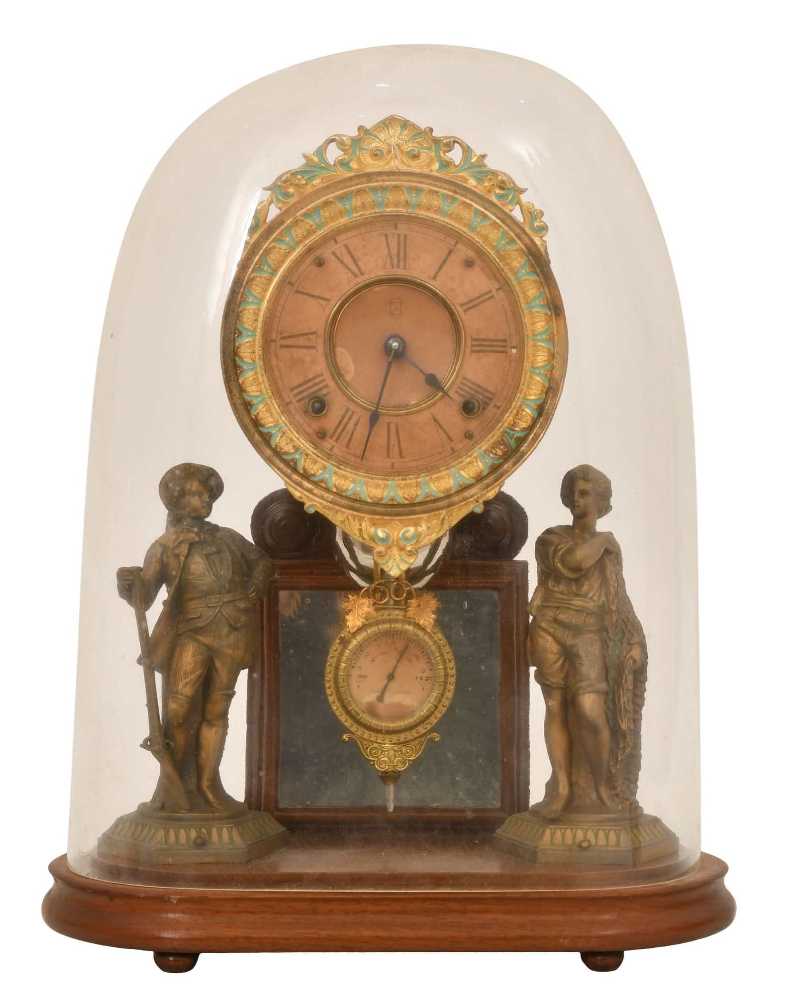 Ansonia Clock Co. "Crystal Palace No.1" Mantel Clock: Ansonia Clock Co. "Crystal Palace No.1" Mantel Clockcirca 1880oval wooden base with glass domed top, white metal standing figures of a fisherman with net and soldier with rifle, brass 8-day spring-dri