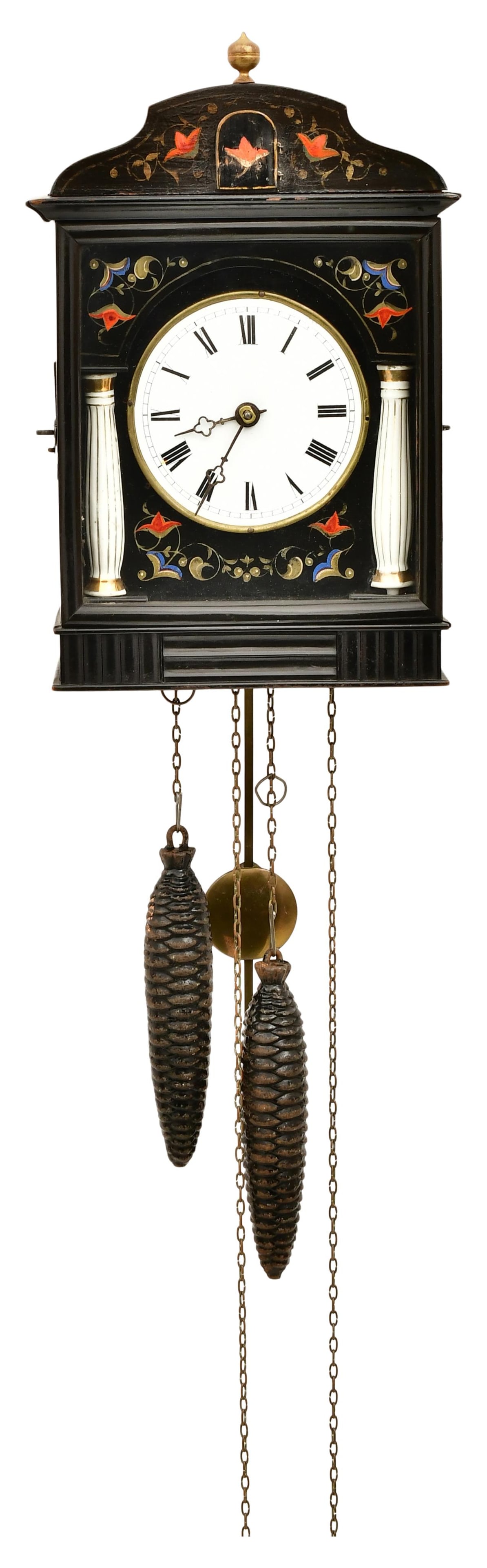 Black Forest Biedermeier Cuckoo Clock: Black Forest Biedermeier Cuckoo Clocklate 19th centuryebonized case with porcelain dial flanked by porcelain columns, 30 hour time and cuckoo movement, unsigned23 x 9 x 5 1/2 inches