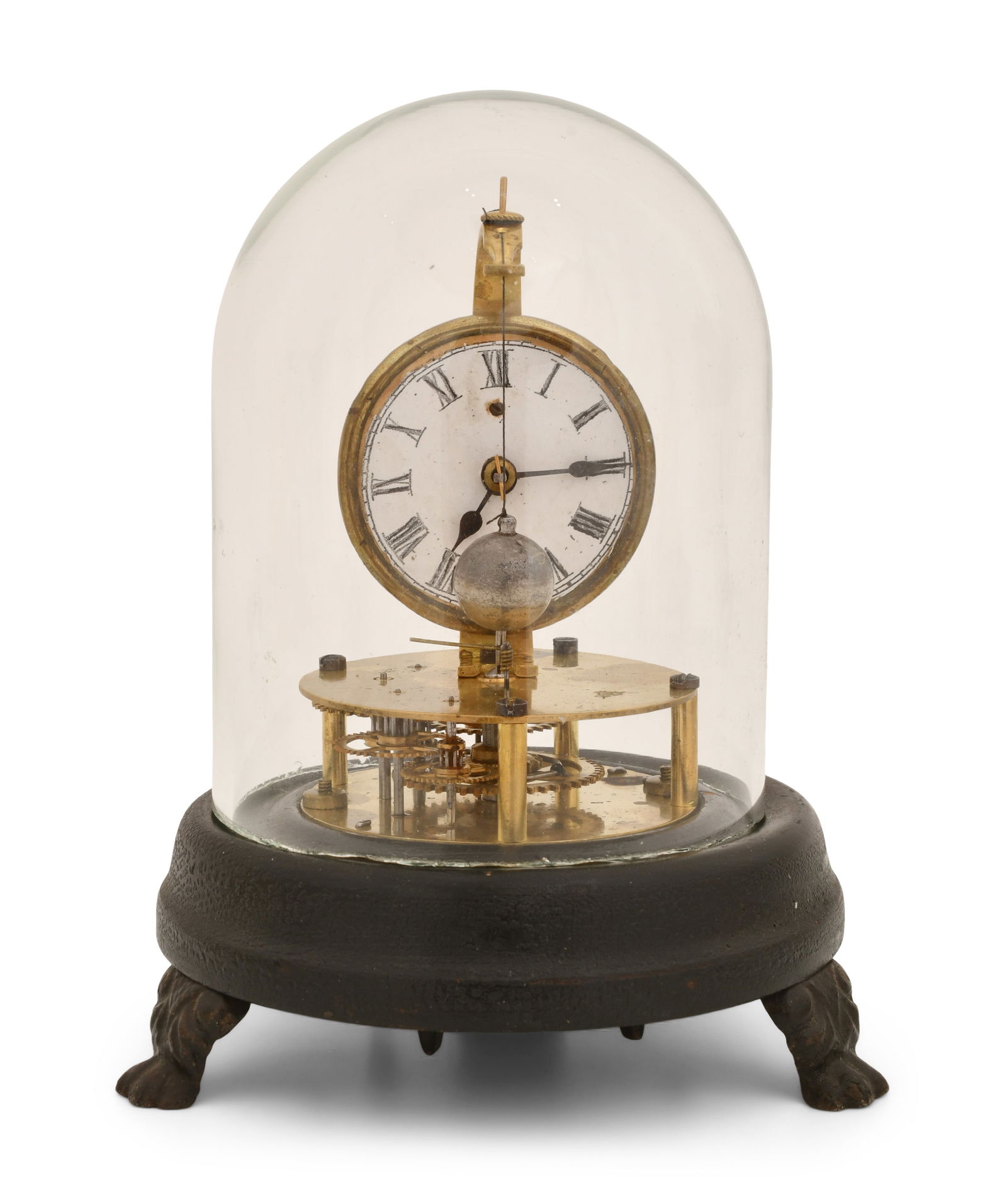 E.N. Welch Mfg. Co. Briggs Rotary Pendulum Clock: E.N. Welch Mfg. Co. Briggs Rotary Pendulum Clockcirca 1870ebonized wood base with glass dome, 30-hour rotary movement with nickel ball rotary pendulum, unsigned7 1/2 x 6 inches