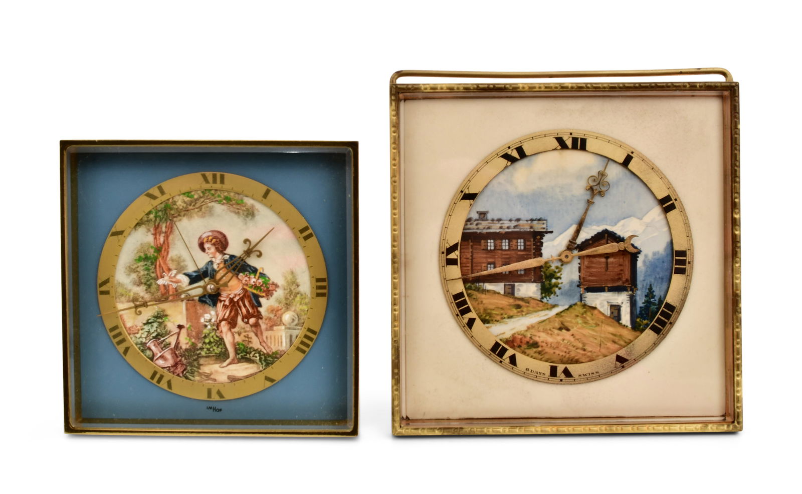 Two Swiss Enameled Desk Clocks, Imhof and Didisheim & Goldschmidt: Two Swiss Enameled Desk Clocks, Imhof and Didisheim & Goldschmidtmid 20th century1. Imhof 8-day alarm desk clock, painted classical figure, signed on the dial, functions properly (15-minute test).2. D
